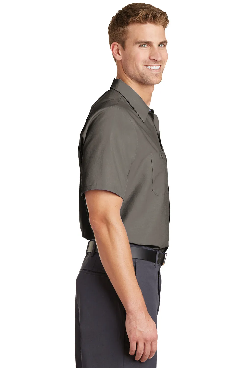 Red Kap Mens Industrial Moisture Wicking Short Sleeve Button Down Shirt w/ Double Pockets - Grey