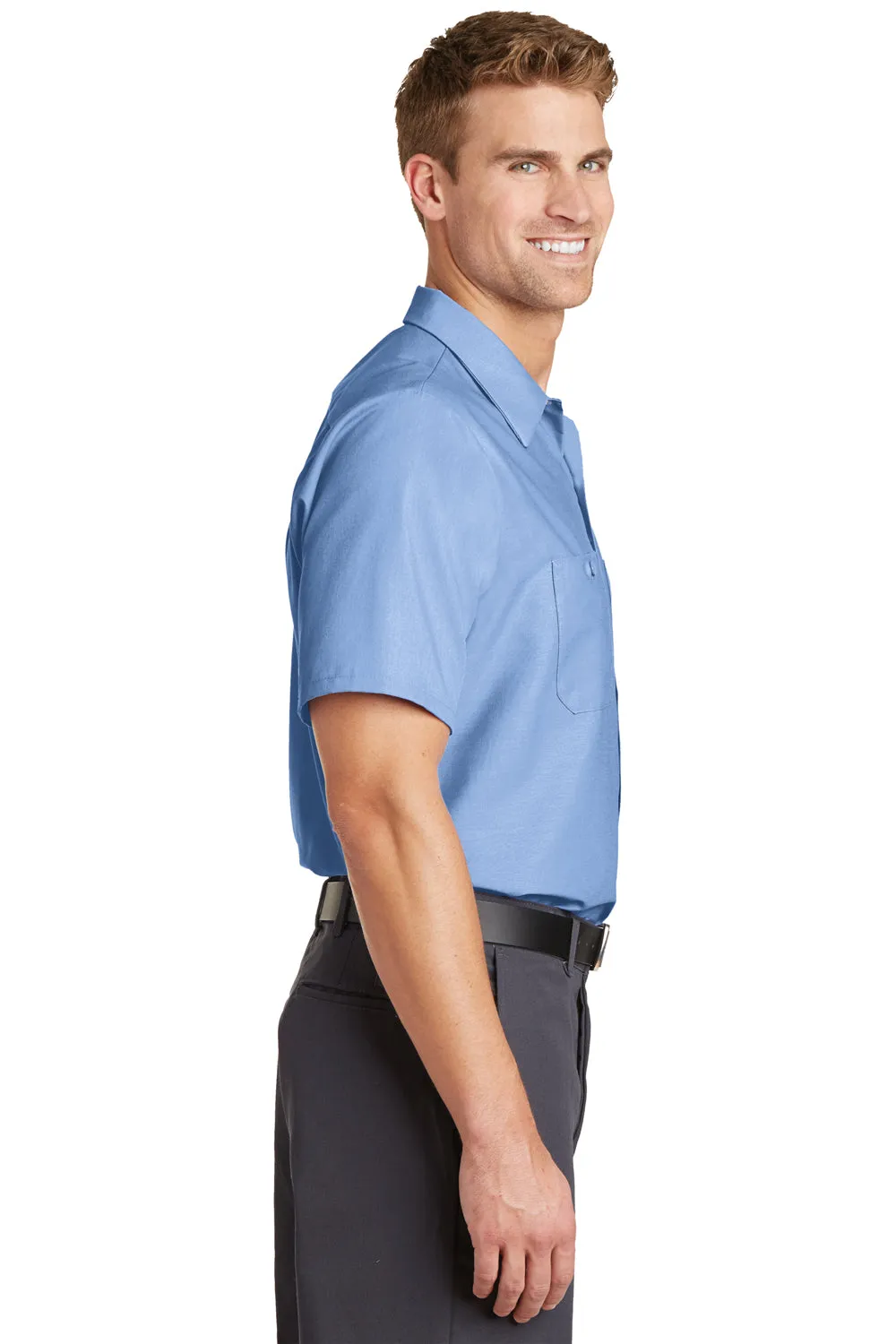 Red Kap Mens Industrial Moisture Wicking Short Sleeve Button Down Shirt w/ Double Pockets - Light Blue