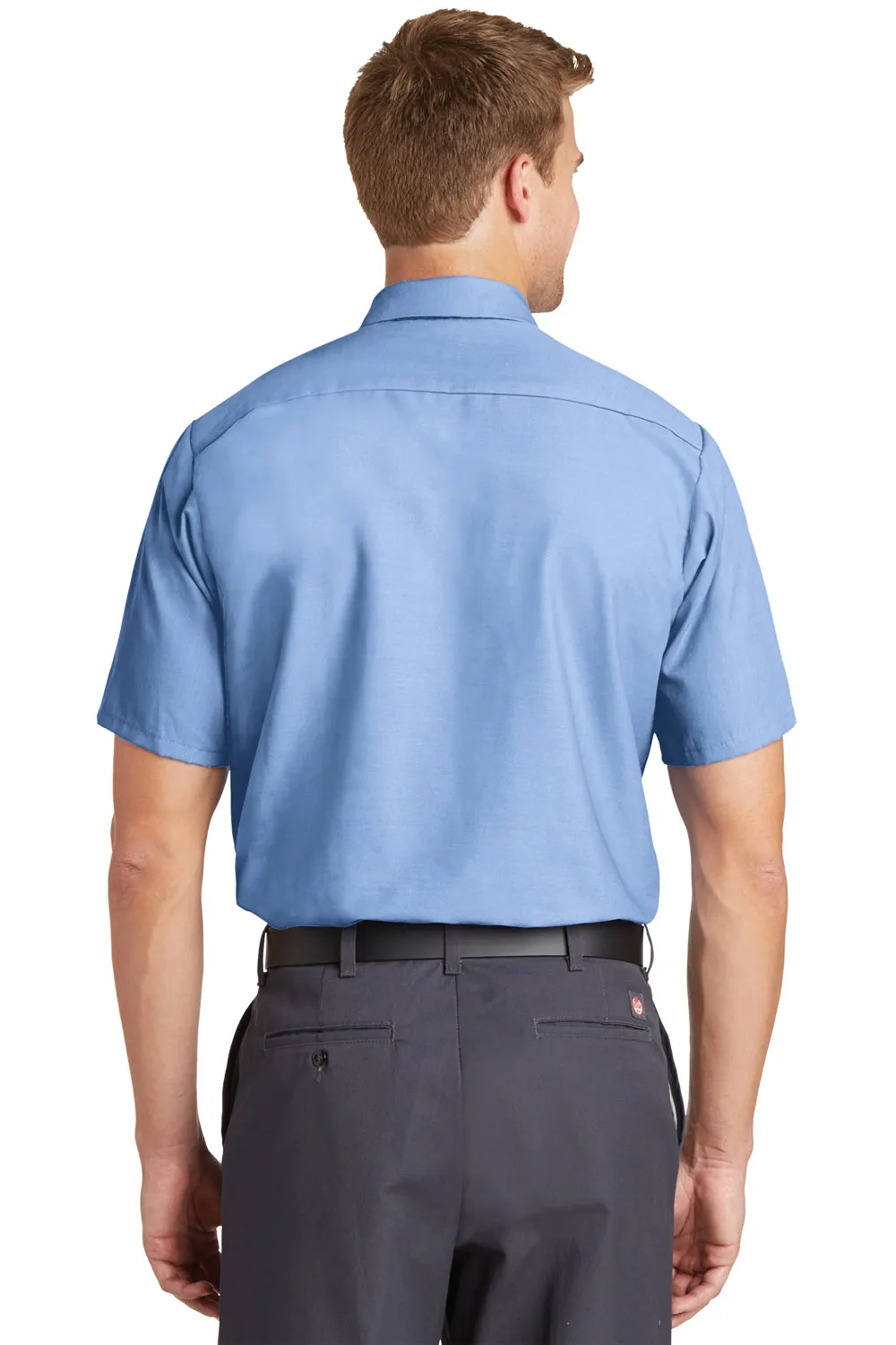 Red Kap Mens Industrial Moisture Wicking Short Sleeve Button Down Shirt w/ Double Pockets - Light Blue