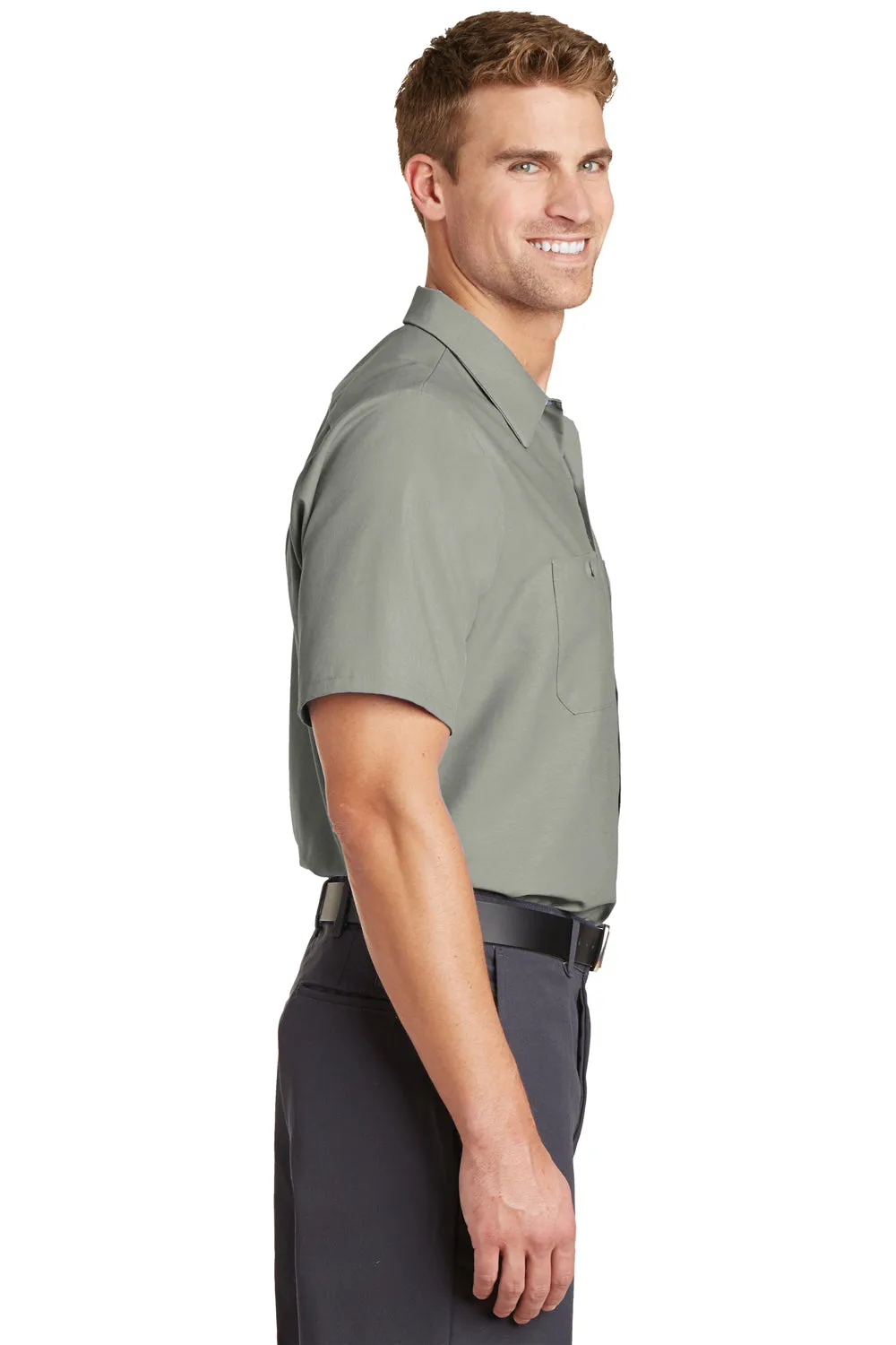 Red Kap Mens Industrial Moisture Wicking Short Sleeve Button Down Shirt w/ Double Pockets - Light Grey