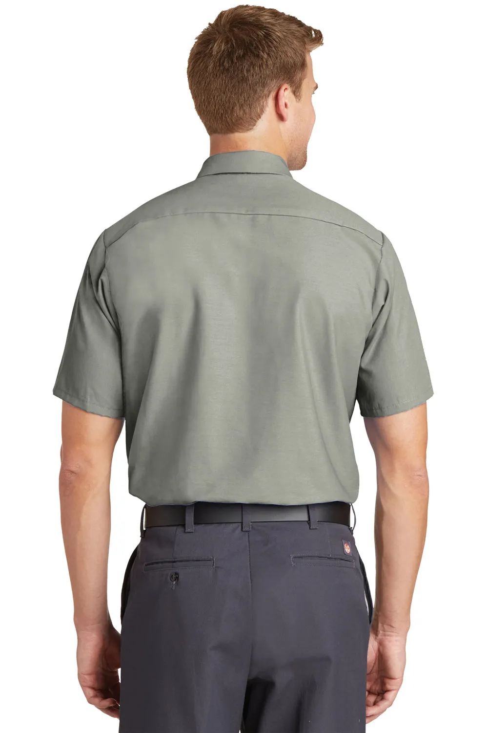 Red Kap Mens Industrial Moisture Wicking Short Sleeve Button Down Shirt w/ Double Pockets - Light Grey