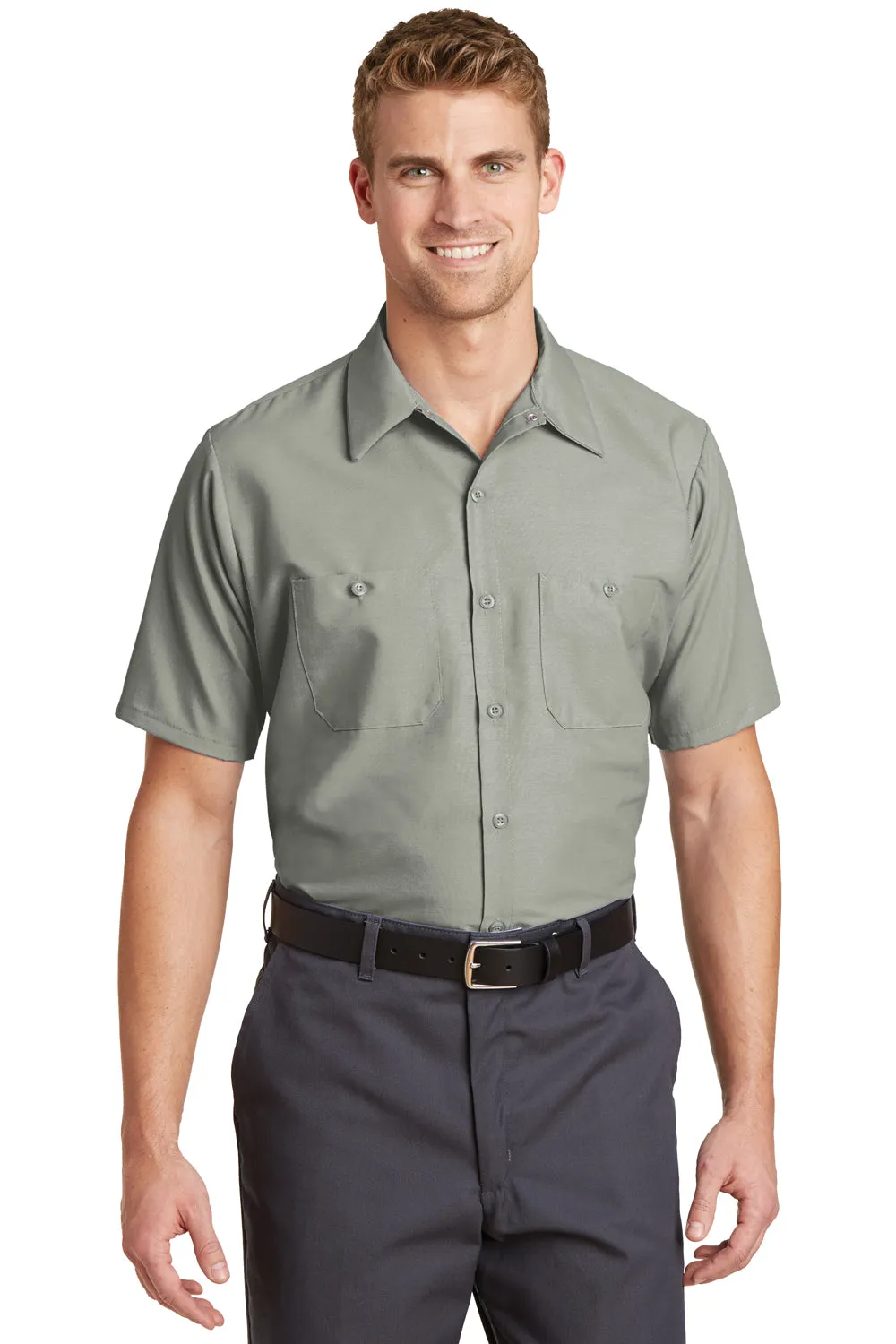 Red Kap Mens Industrial Moisture Wicking Short Sleeve Button Down Shirt w/ Double Pockets - Light Grey