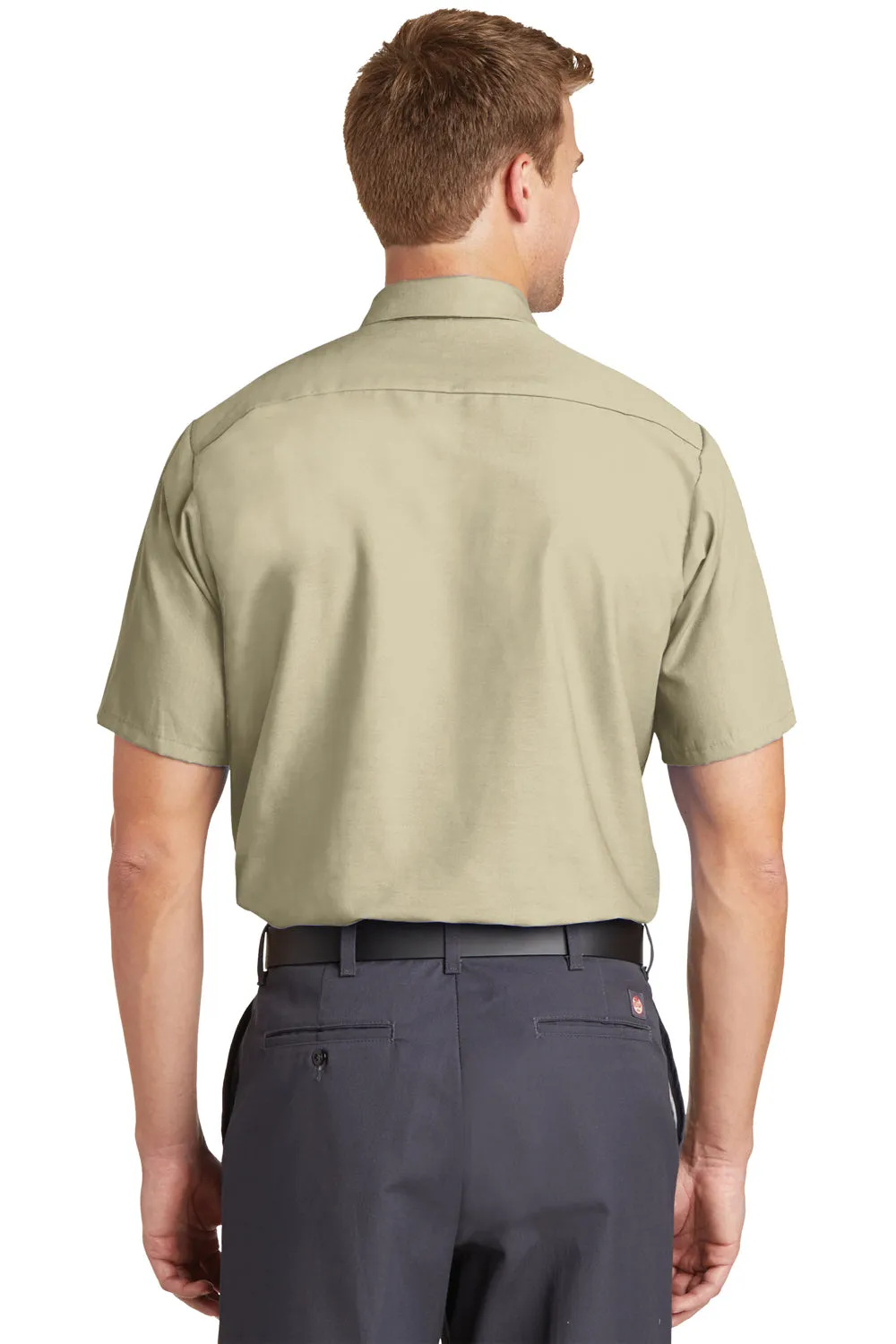 Red Kap Mens Industrial Moisture Wicking Short Sleeve Button Down Shirt w/ Double Pockets - Light Tan