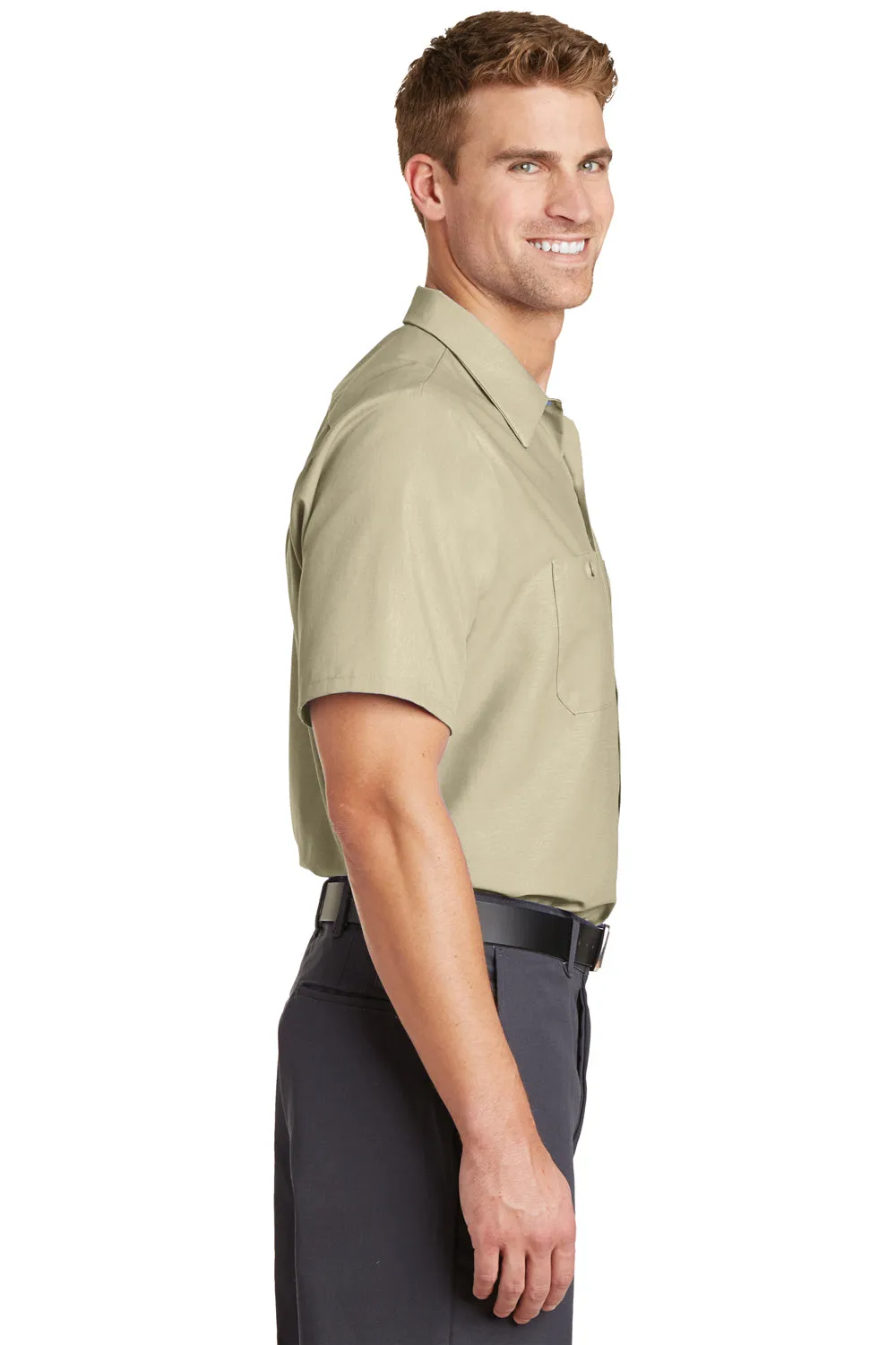 Red Kap Mens Industrial Moisture Wicking Short Sleeve Button Down Shirt w/ Double Pockets - Light Tan