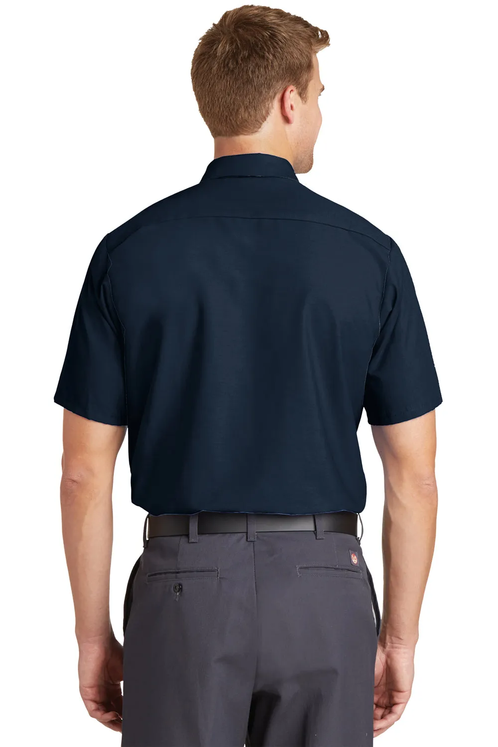 Red Kap Mens Industrial Moisture Wicking Short Sleeve Button Down Shirt w/ Double Pockets - Navy Blue