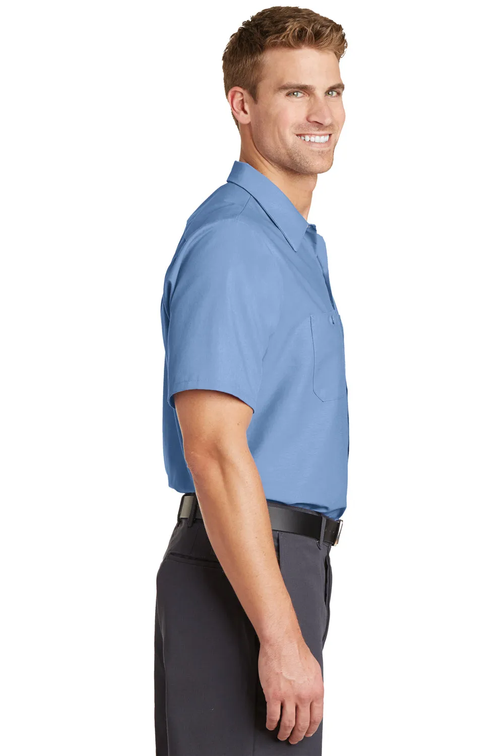 Red Kap Mens Industrial Moisture Wicking Short Sleeve Button Down Shirt w/ Double Pockets - Petrol Blue