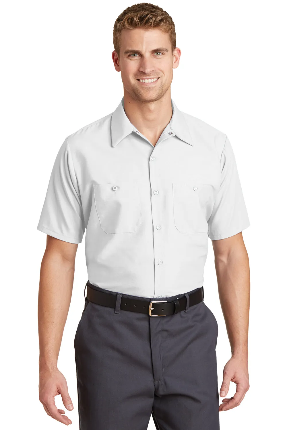 Red Kap Mens Industrial Moisture Wicking Short Sleeve Button Down Shirt w/ Double Pockets - White