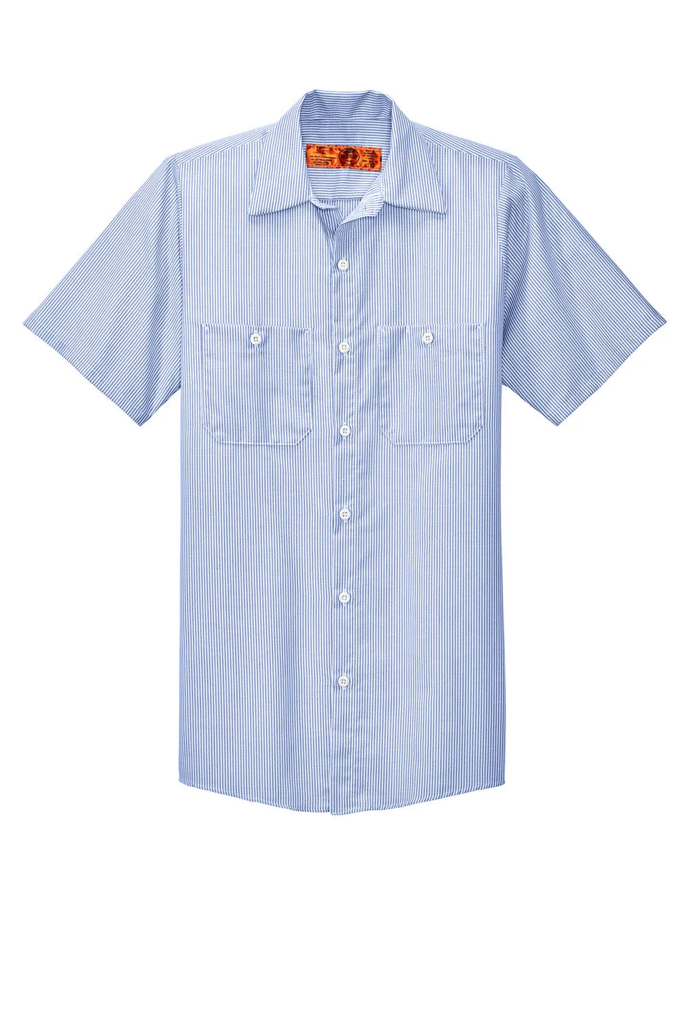 Red Kap Mens Industrial Moisture Wicking Short Sleeve Button Down Shirt w/ Double Pockets - White/Blue