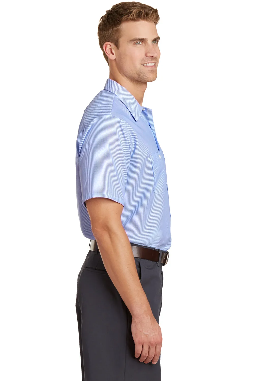 Red Kap Mens Industrial Moisture Wicking Short Sleeve Button Down Shirt w/ Double Pockets - White/Blue