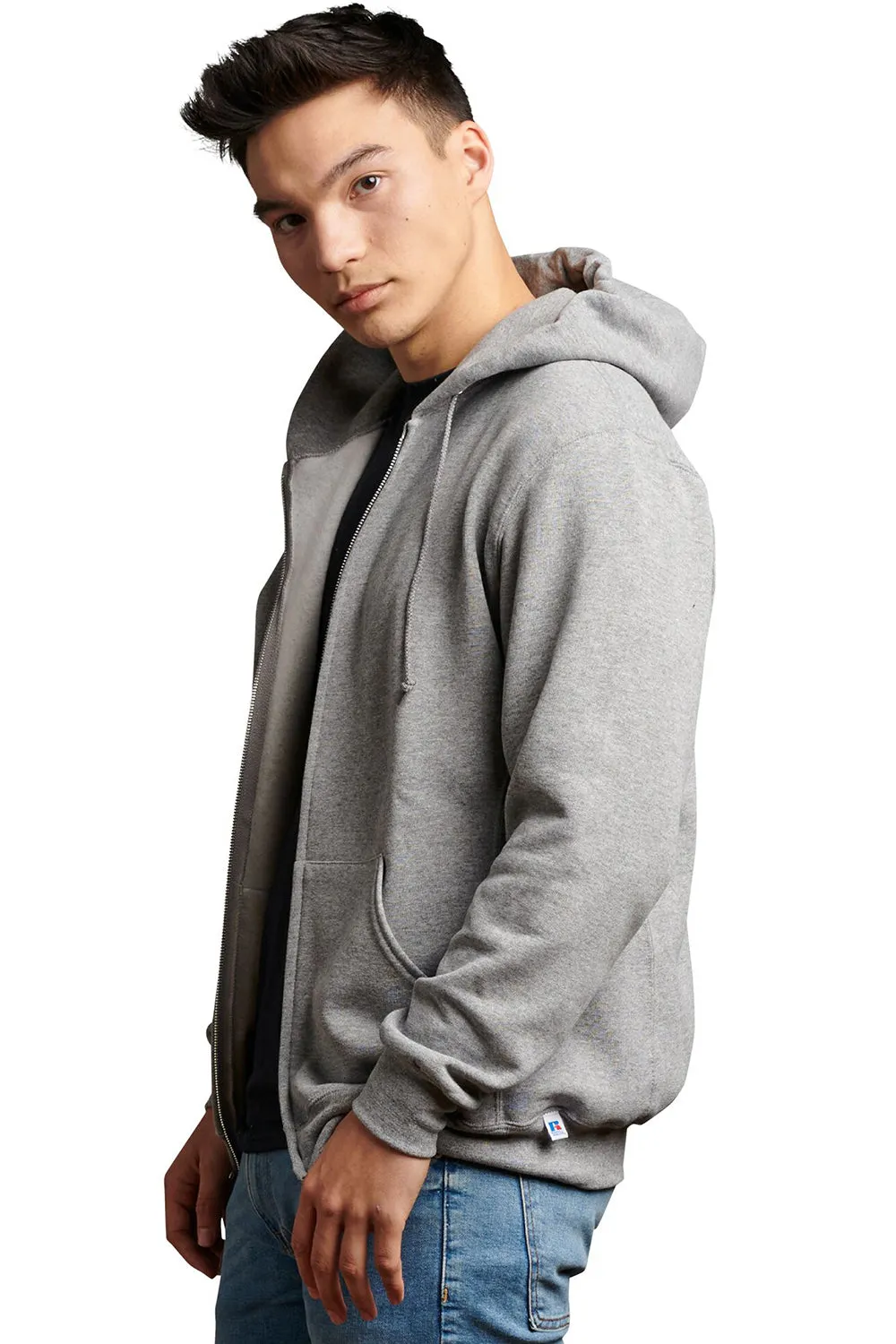 Russell Athletic Mens Dri Power Moisture Wicking Full Zip Hooded Sweatshirt Hoodie w/ Pockets - Oxford Grey