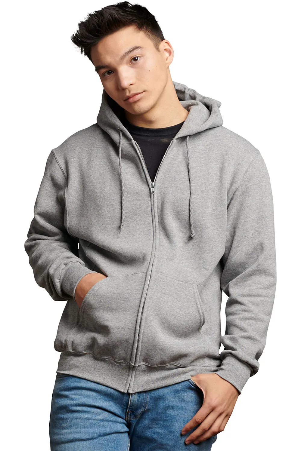 Russell Athletic Mens Dri Power Moisture Wicking Full Zip Hooded Sweatshirt Hoodie w/ Pockets - Oxford Grey