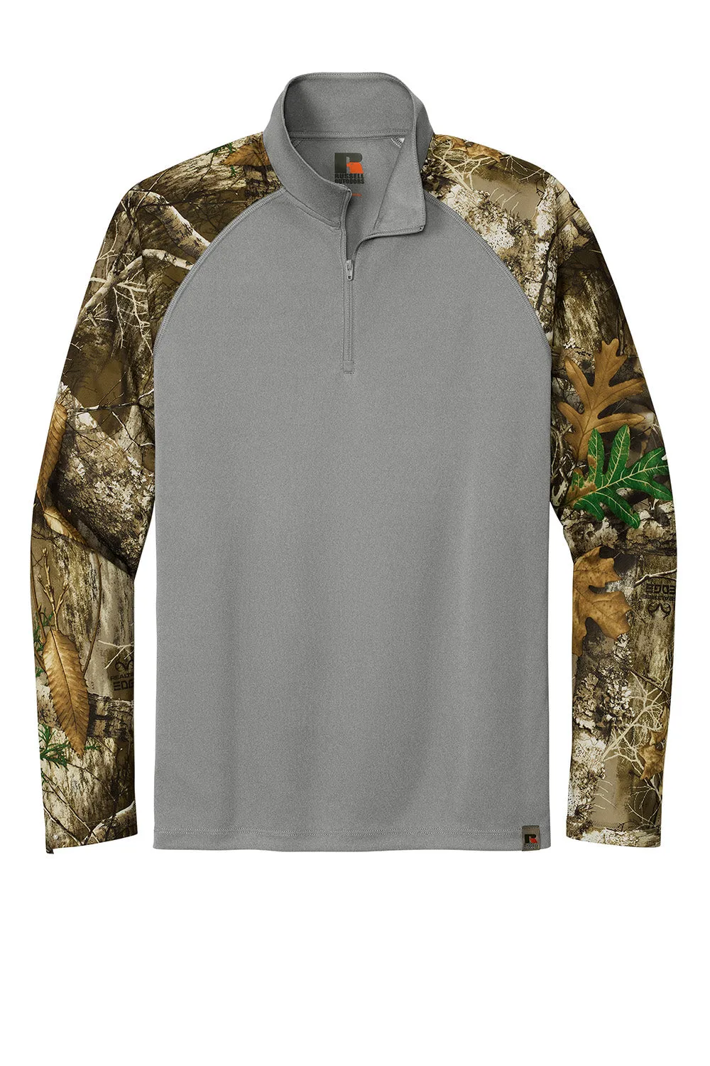 Russell Outdoors Mens Realtree Colorblock Moisture Wicking 1/4 Zip Sweatshirt - Heather Concrete Grey/Realtree Edge Camo