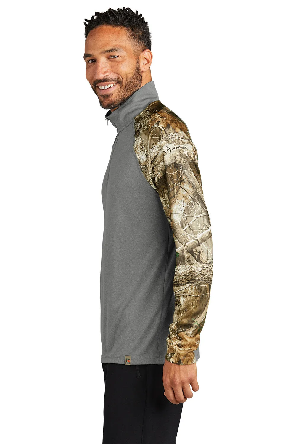 Russell Outdoors Mens Realtree Colorblock Moisture Wicking 1/4 Zip Sweatshirt - Heather Concrete Grey/Realtree Edge Camo