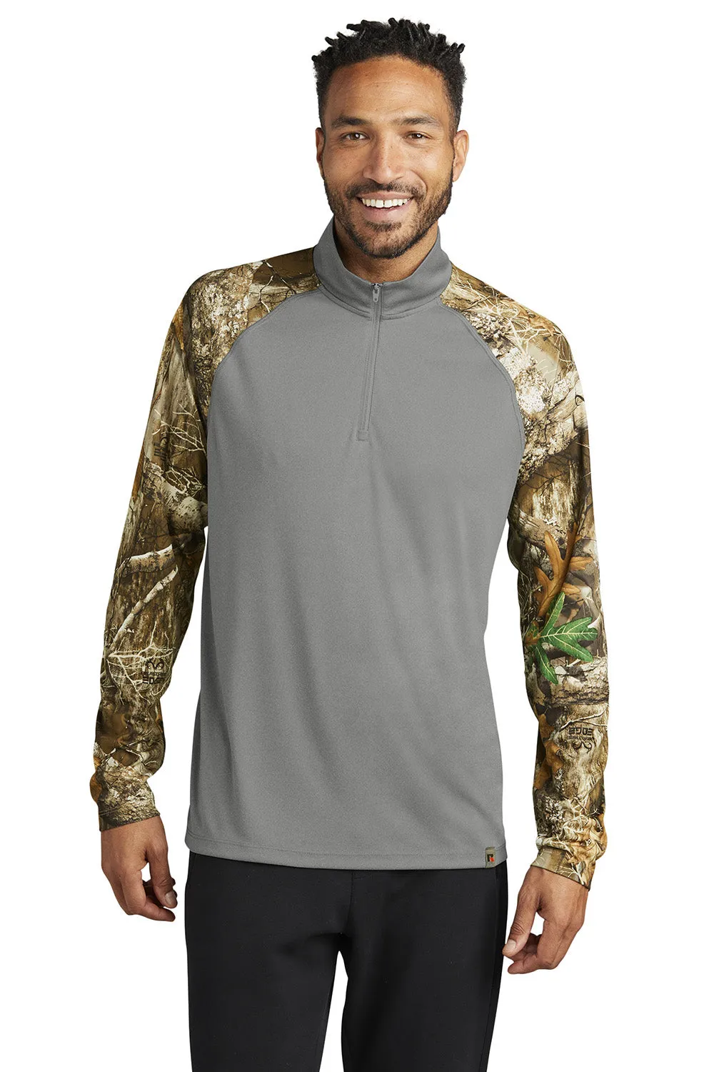 Russell Outdoors Mens Realtree Colorblock Moisture Wicking 1/4 Zip Sweatshirt - Heather Concrete Grey/Realtree Edge Camo