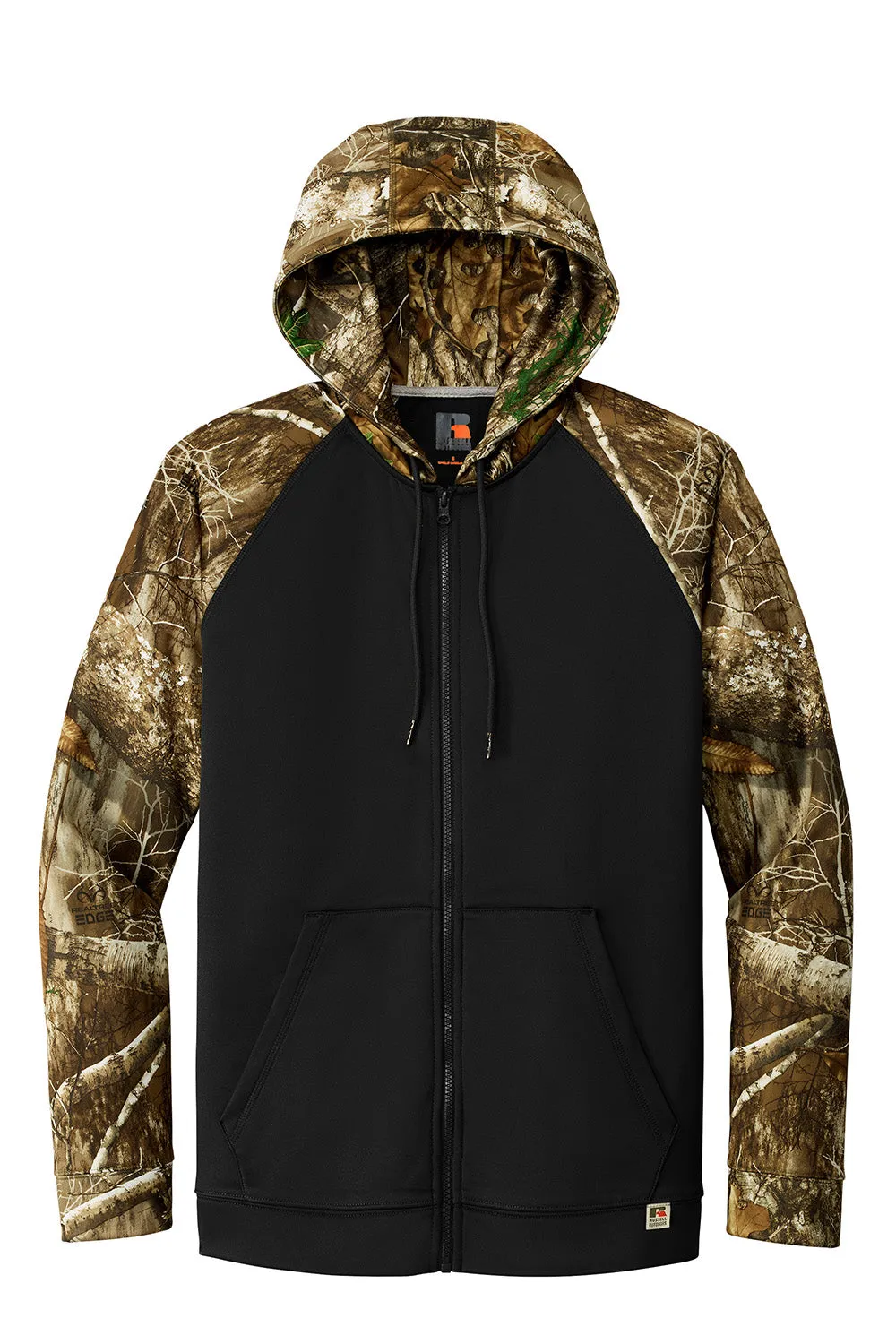Russell Outdoors Mens Realtree Colorblock Moisture Wicking Full Zip Hooded Sweatshirt Hoodie w/ Pockets - Black/Realtree Edge Camo
