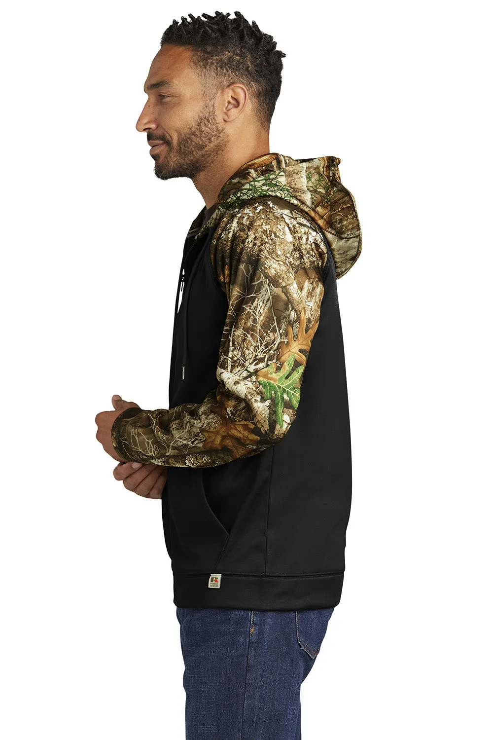 Russell Outdoors Mens Realtree Colorblock Moisture Wicking Full Zip Hooded Sweatshirt Hoodie w/ Pockets - Black/Realtree Edge Camo