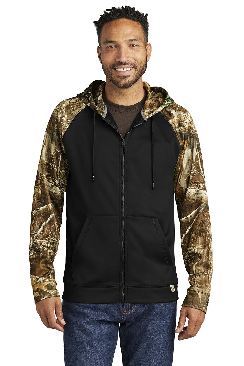 Russell Outdoors Mens Realtree Colorblock Moisture Wicking Full Zip Hooded Sweatshirt Hoodie w/ Pockets - Black/Realtree Edge Camo
