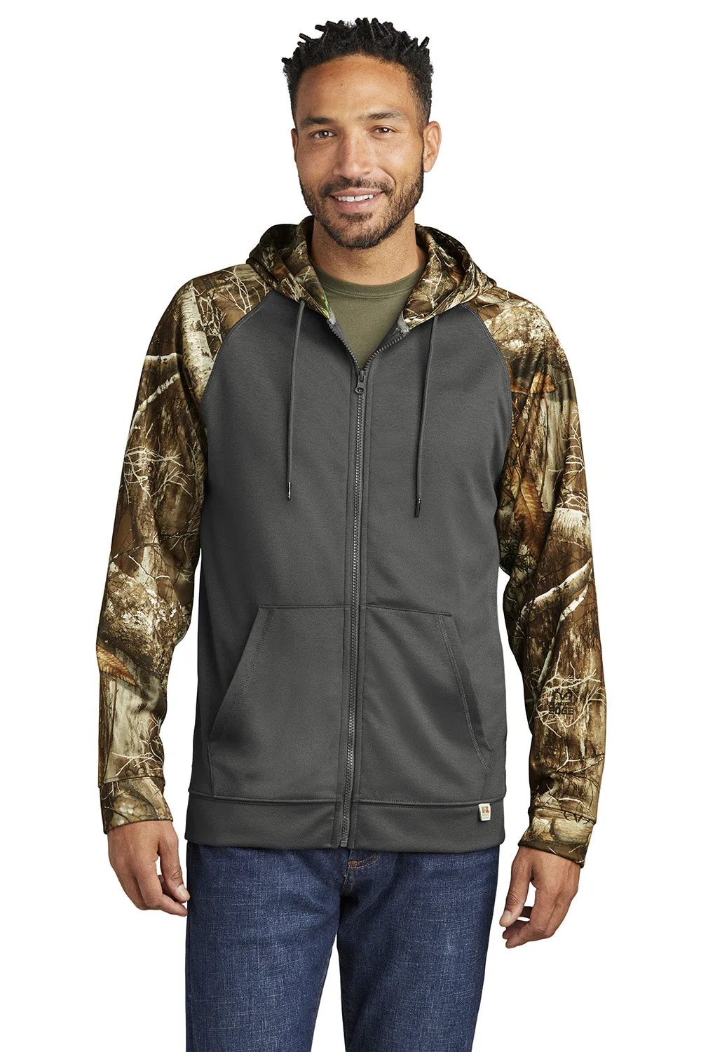 Russell Outdoors Mens Realtree Colorblock Moisture Wicking Full Zip Hooded Sweatshirt Hoodie w/ Pockets - Magnet Grey/Realtree Edge Camo