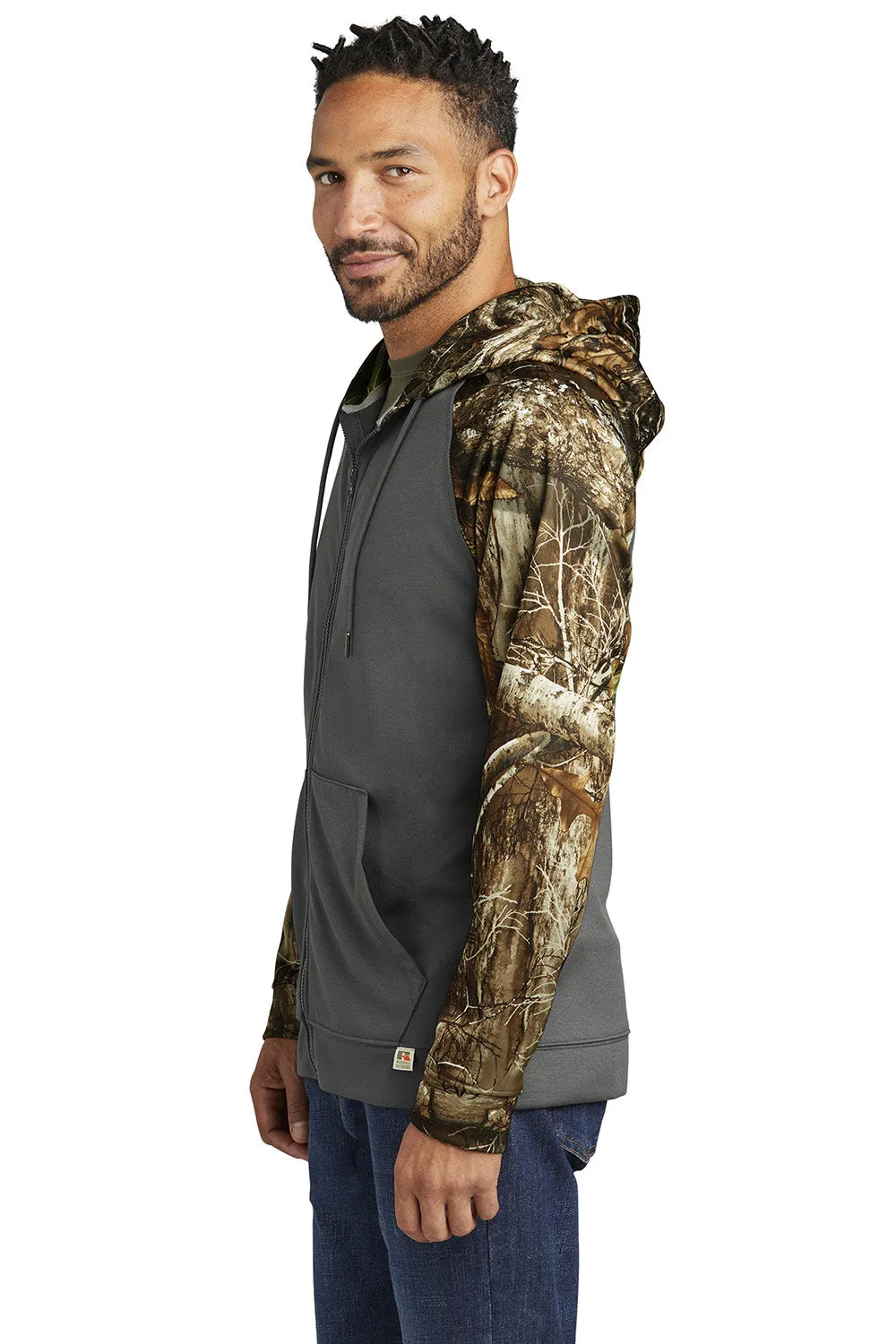 Russell Outdoors Mens Realtree Colorblock Moisture Wicking Full Zip Hooded Sweatshirt Hoodie w/ Pockets - Magnet Grey/Realtree Edge Camo