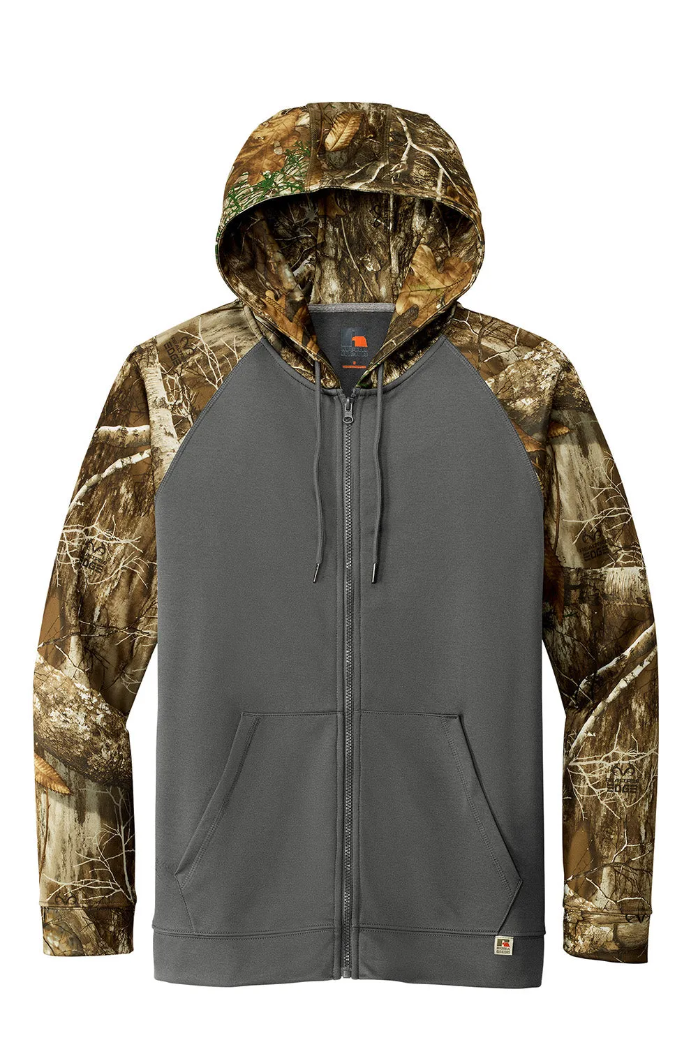 Russell Outdoors Mens Realtree Colorblock Moisture Wicking Full Zip Hooded Sweatshirt Hoodie w/ Pockets - Magnet Grey/Realtree Edge Camo
