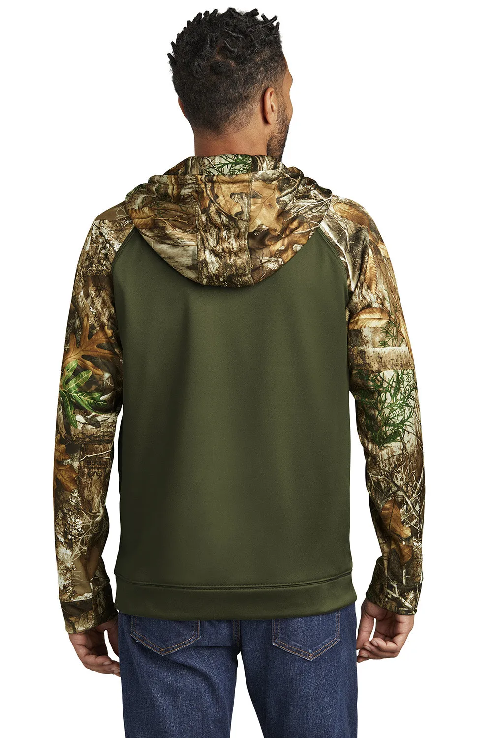 Russell Outdoors Mens Realtree Colorblock Moisture Wicking Full Zip Hooded Sweatshirt Hoodie w/ Pockets - Olive Drab Green/Realtree Edge Camo