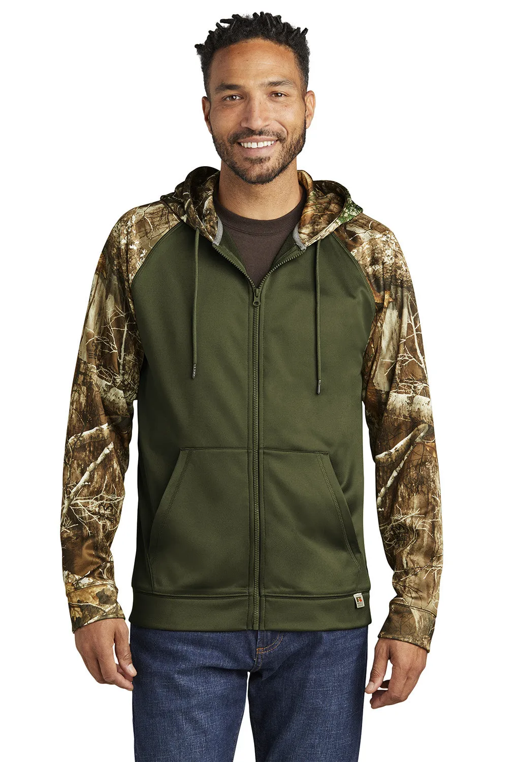 Russell Outdoors Mens Realtree Colorblock Moisture Wicking Full Zip Hooded Sweatshirt Hoodie w/ Pockets - Olive Drab Green/Realtree Edge Camo
