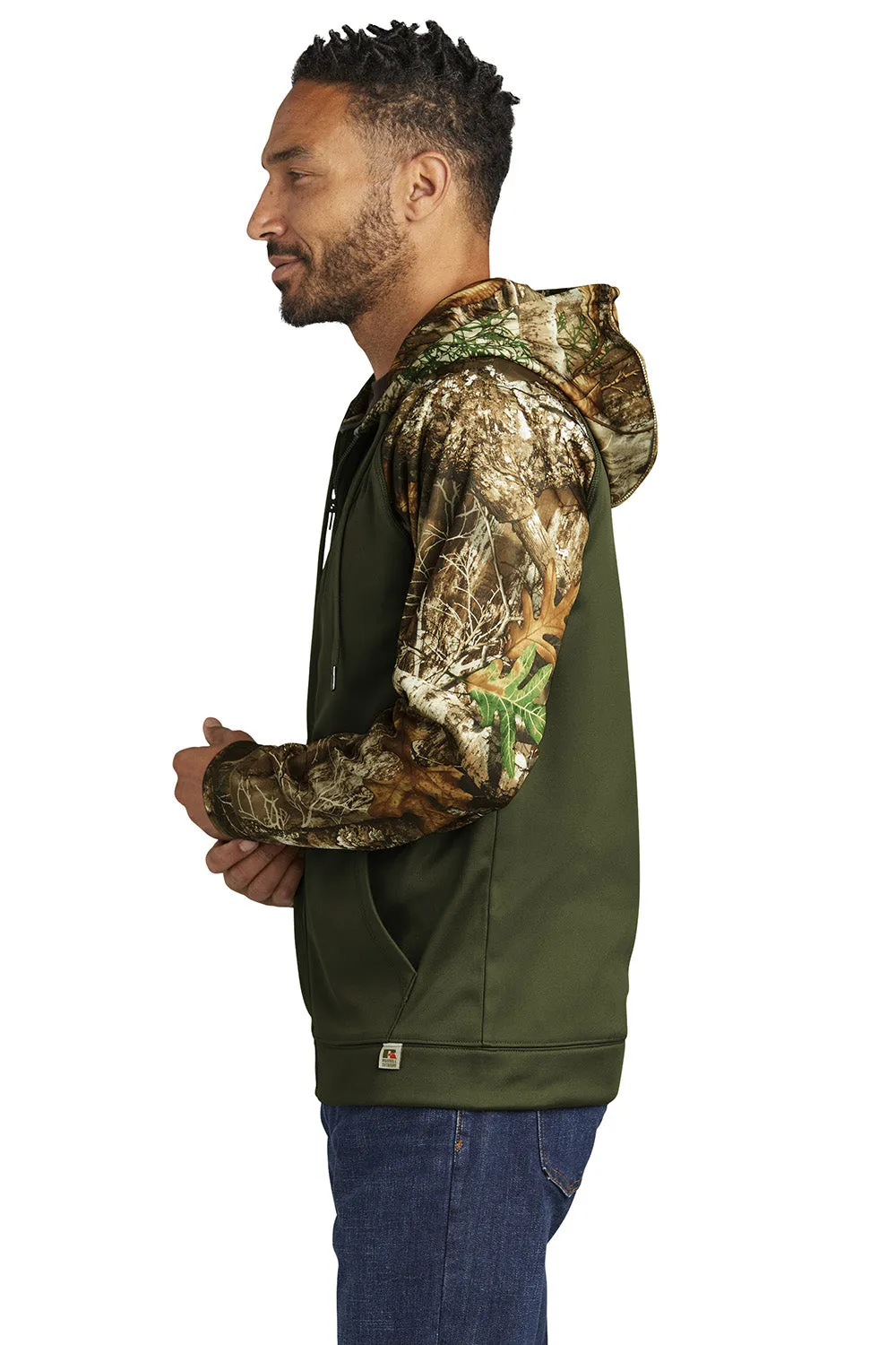 Russell Outdoors Mens Realtree Colorblock Moisture Wicking Full Zip Hooded Sweatshirt Hoodie w/ Pockets - Olive Drab Green/Realtree Edge Camo