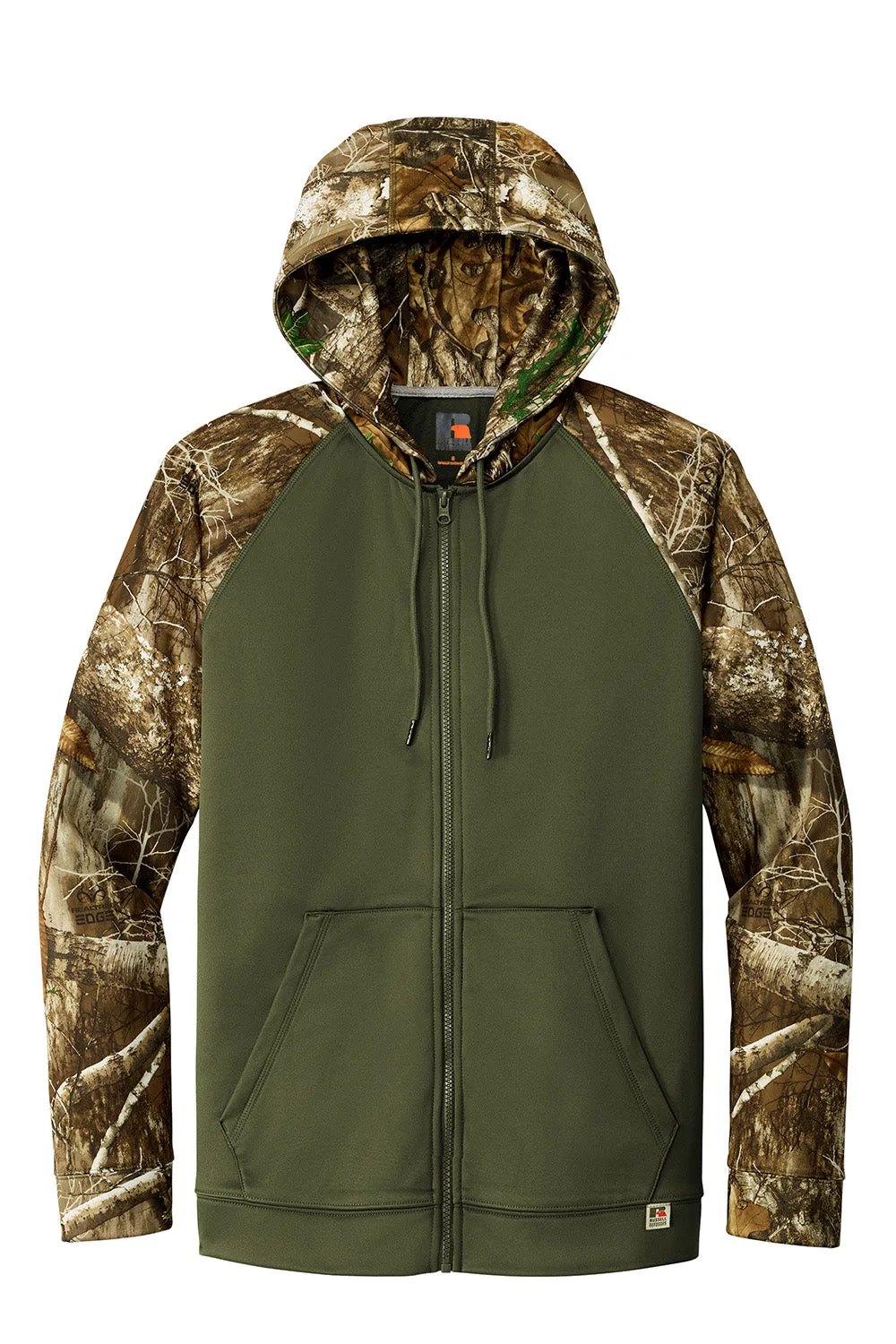 Russell Outdoors Mens Realtree Colorblock Moisture Wicking Full Zip Hooded Sweatshirt Hoodie w/ Pockets - Olive Drab Green/Realtree Edge Camo
