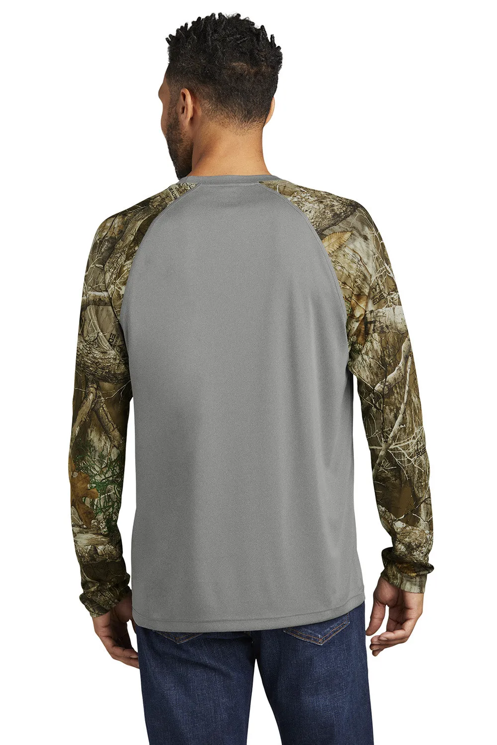 Russell Outdoors Mens Realtree Colorblock Moisture Wicking Long Sleeve Crewneck T-Shirt - Heather Concrete Grey/Realtree Edge Camo
