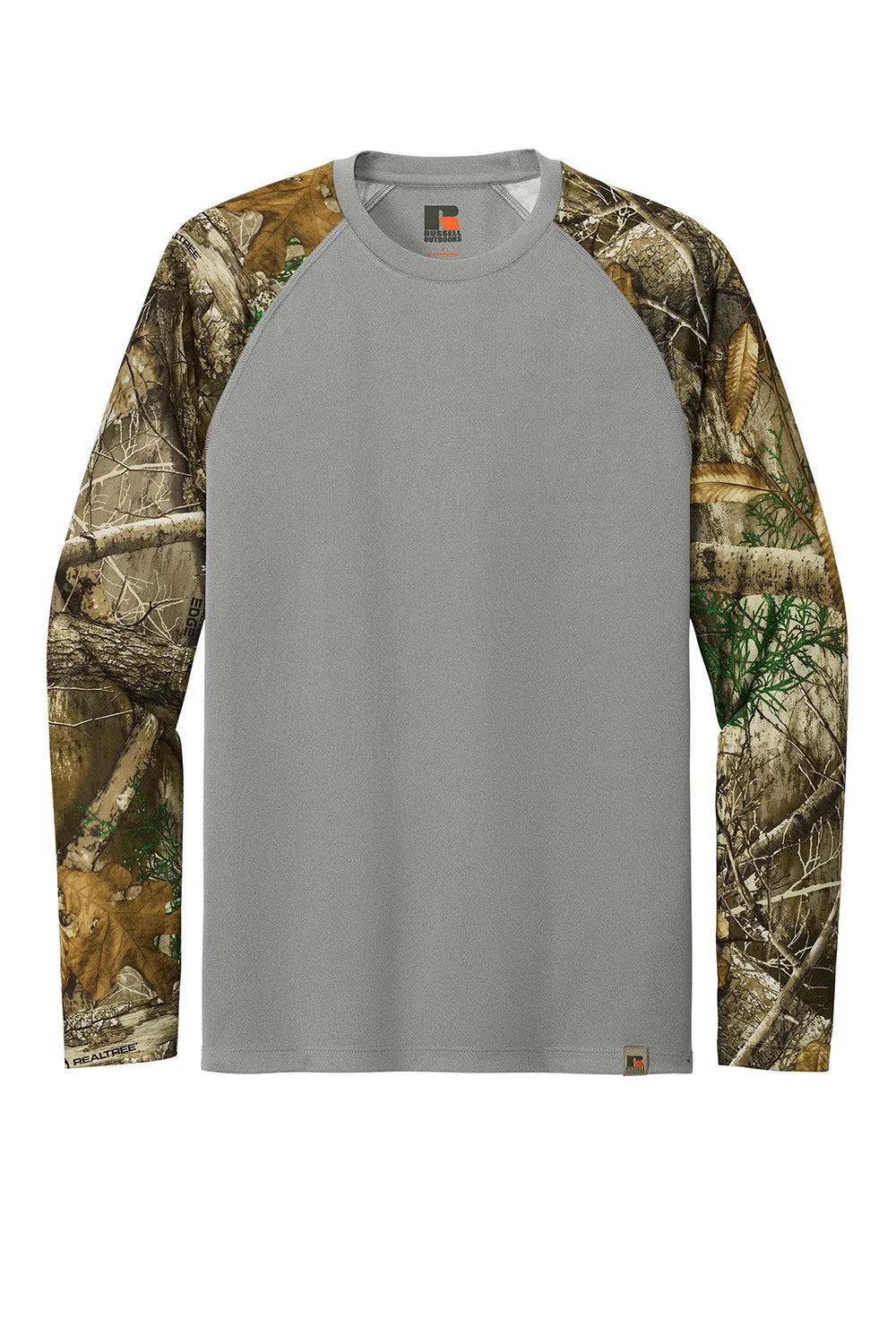 Russell Outdoors Mens Realtree Colorblock Moisture Wicking Long Sleeve Crewneck T-Shirt - Heather Concrete Grey/Realtree Edge Camo