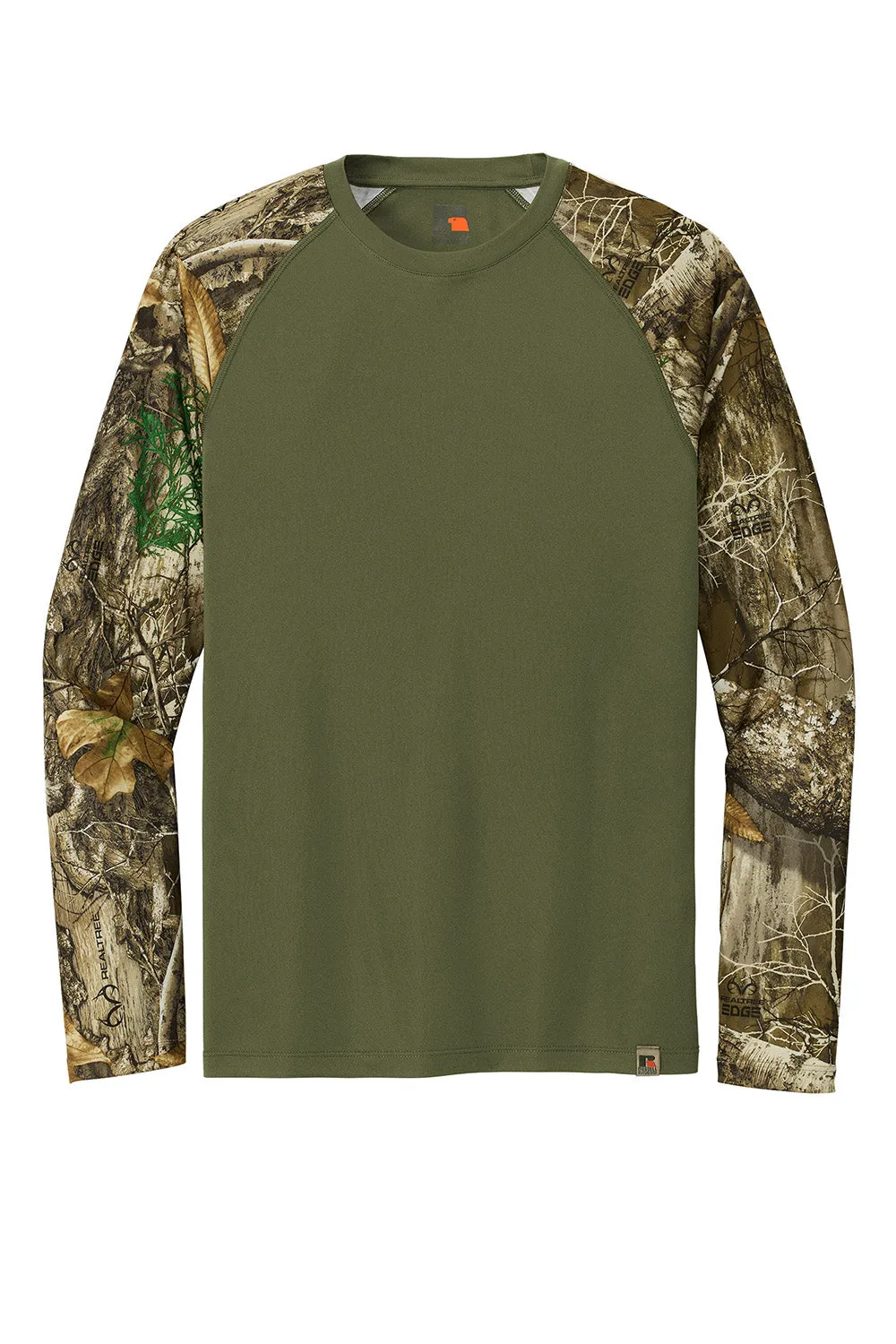 Russell Outdoors Mens Realtree Colorblock Moisture Wicking Long Sleeve Crewneck T-Shirt - Olive Drab Green/Realtree Edge Camo