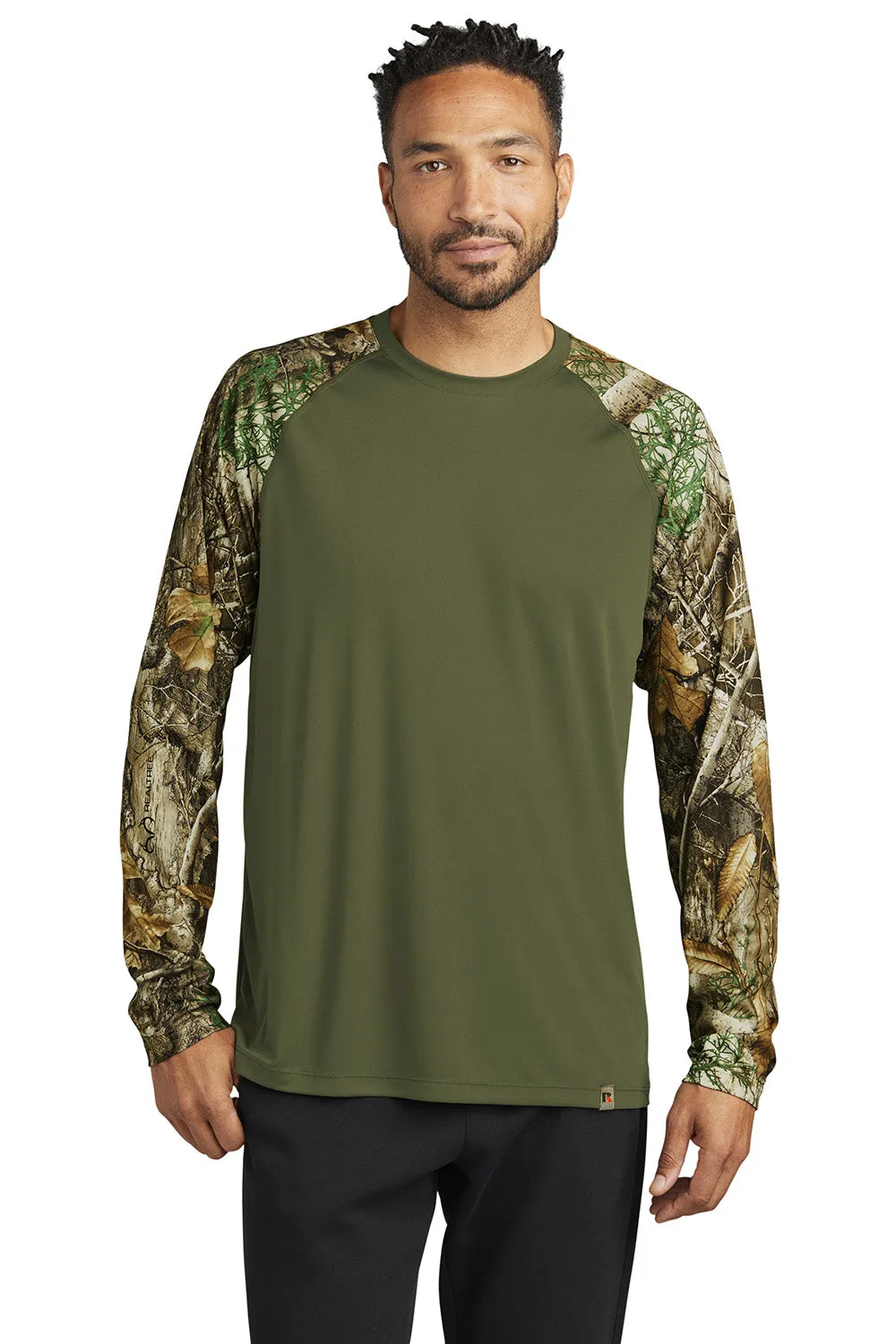Russell Outdoors Mens Realtree Colorblock Moisture Wicking Long Sleeve Crewneck T-Shirt - Olive Drab Green/Realtree Edge Camo