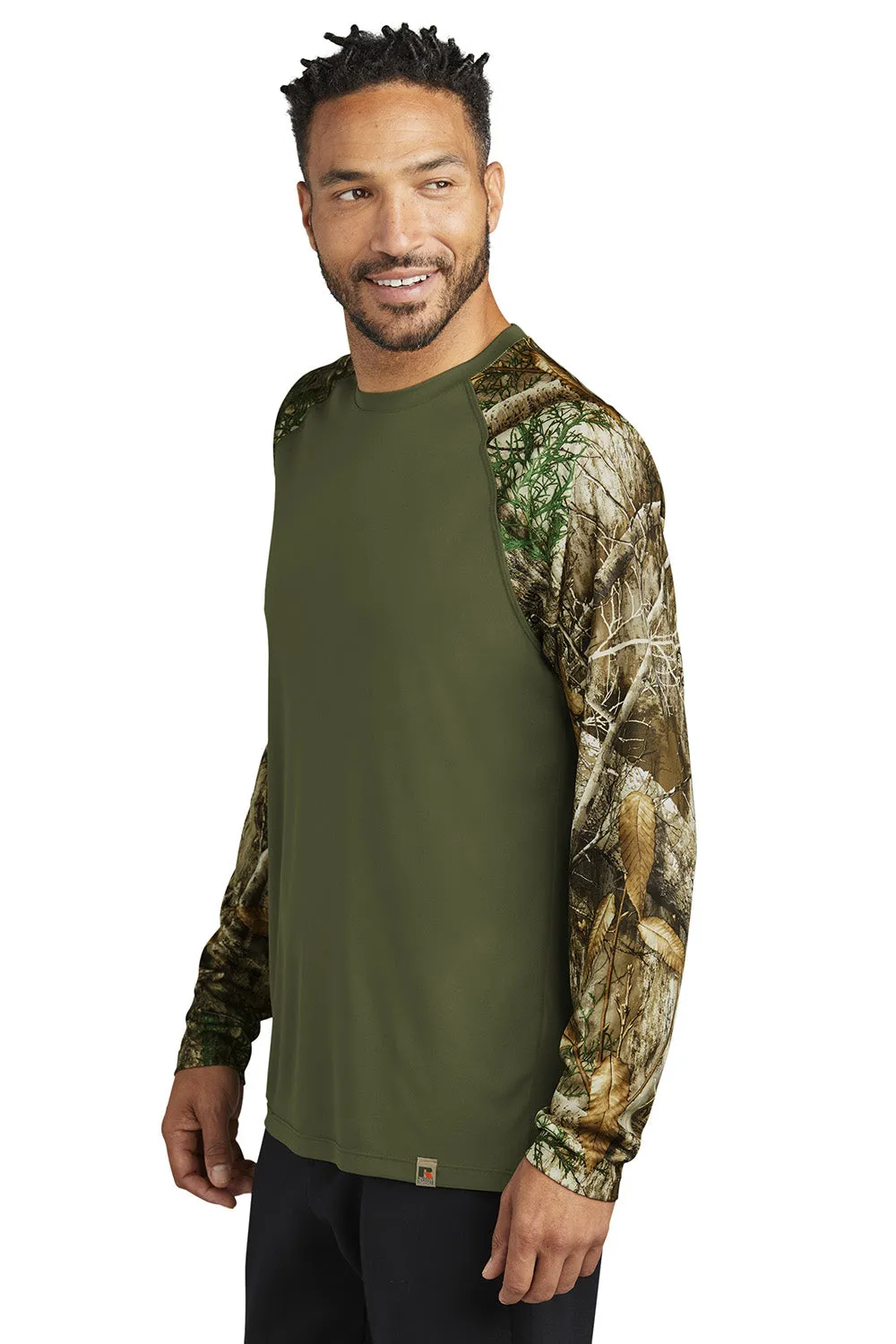 Russell Outdoors Mens Realtree Colorblock Moisture Wicking Long Sleeve Crewneck T-Shirt - Olive Drab Green/Realtree Edge Camo