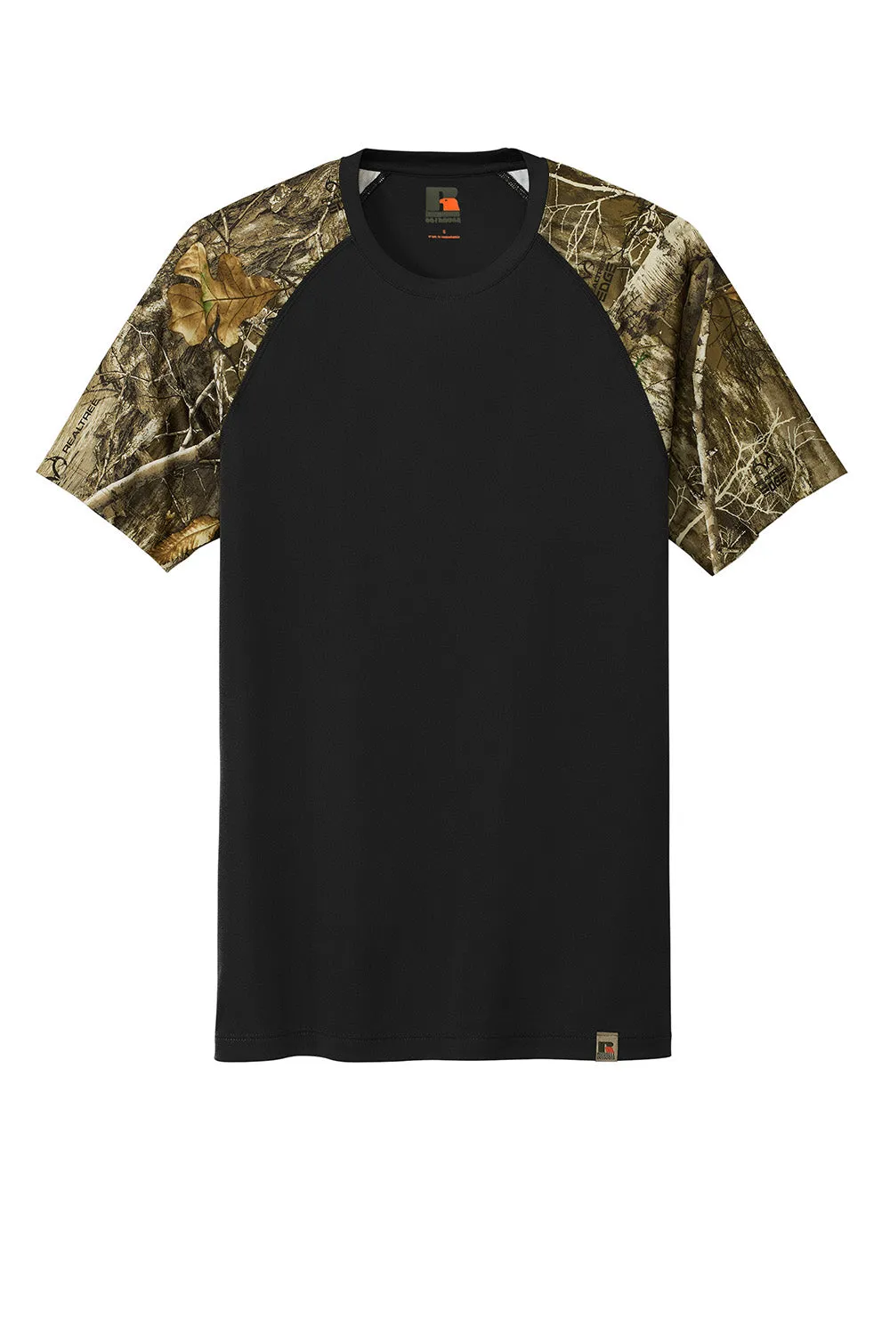 Russell Outdoors Mens Realtree Colorblock Moisture Wicking Short Sleeve Crewneck T-Shirt - Black/Realtree Edge Camo