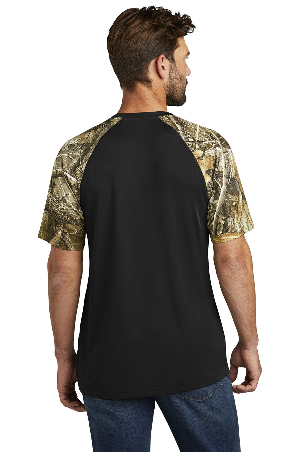 Russell Outdoors Mens Realtree Colorblock Moisture Wicking Short Sleeve Crewneck T-Shirt - Black/Realtree Edge Camo