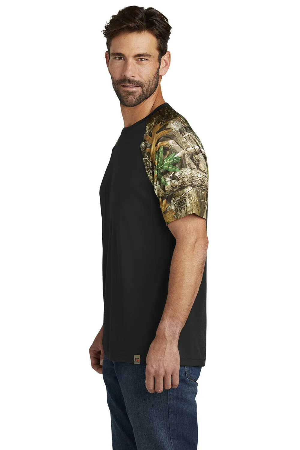 Russell Outdoors Mens Realtree Colorblock Moisture Wicking Short Sleeve Crewneck T-Shirt - Black/Realtree Edge Camo