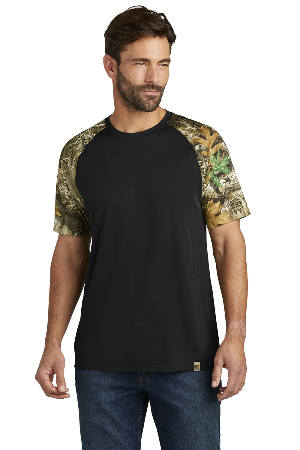 Russell Outdoors Mens Realtree Colorblock Moisture Wicking Short Sleeve Crewneck T-Shirt - Black/Realtree Edge Camo