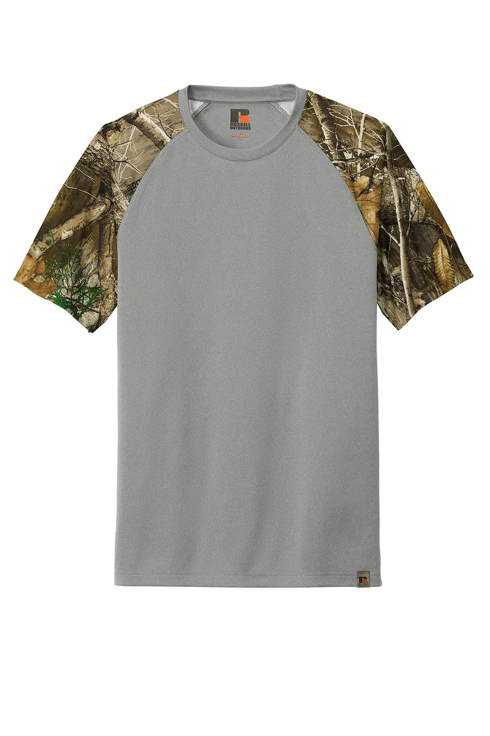 Russell Outdoors Mens Realtree Colorblock Moisture Wicking Short Sleeve Crewneck T-Shirt - Heather Concrete Grey/Realtree Edge Camo
