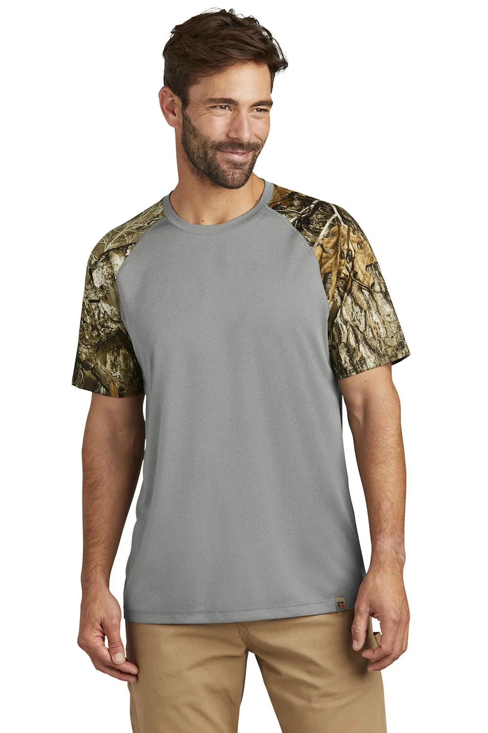 Russell Outdoors Mens Realtree Colorblock Moisture Wicking Short Sleeve Crewneck T-Shirt - Heather Concrete Grey/Realtree Edge Camo