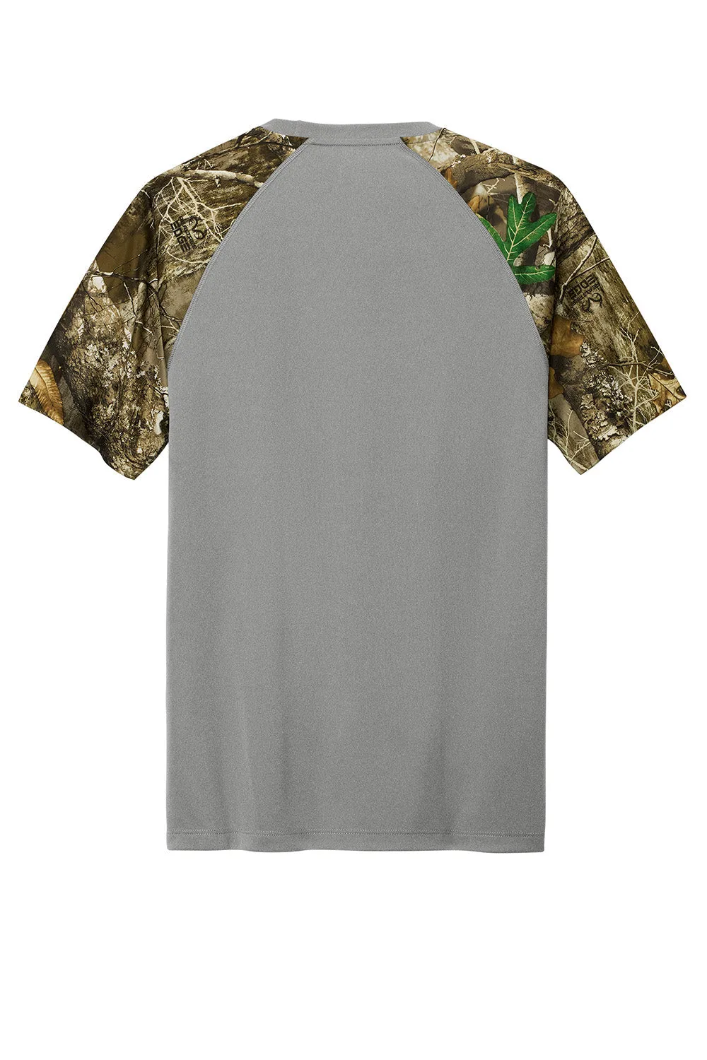 Russell Outdoors Mens Realtree Colorblock Moisture Wicking Short Sleeve Crewneck T-Shirt - Heather Concrete Grey/Realtree Edge Camo