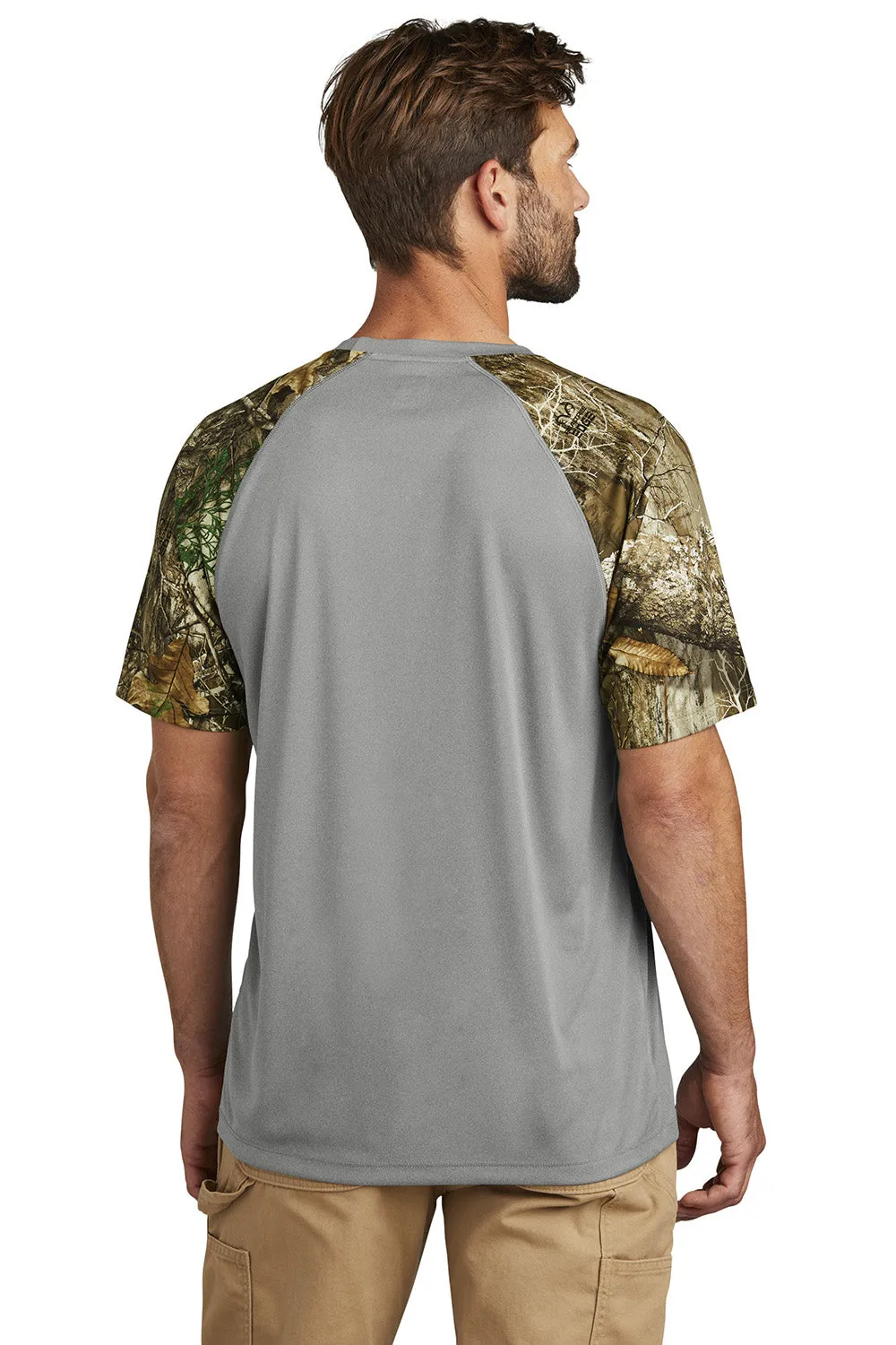 Russell Outdoors Mens Realtree Colorblock Moisture Wicking Short Sleeve Crewneck T-Shirt - Heather Concrete Grey/Realtree Edge Camo