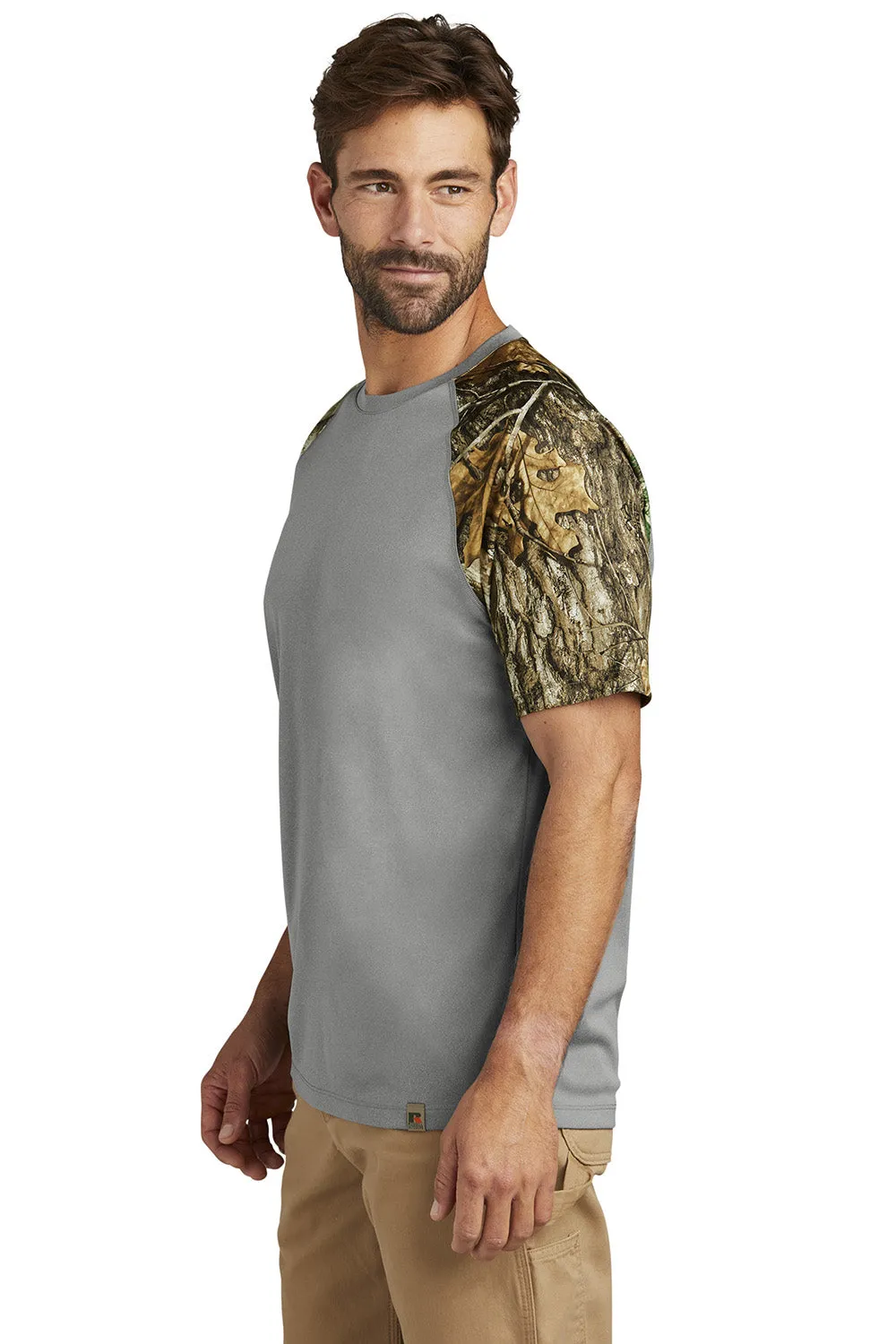 Russell Outdoors Mens Realtree Colorblock Moisture Wicking Short Sleeve Crewneck T-Shirt - Heather Concrete Grey/Realtree Edge Camo