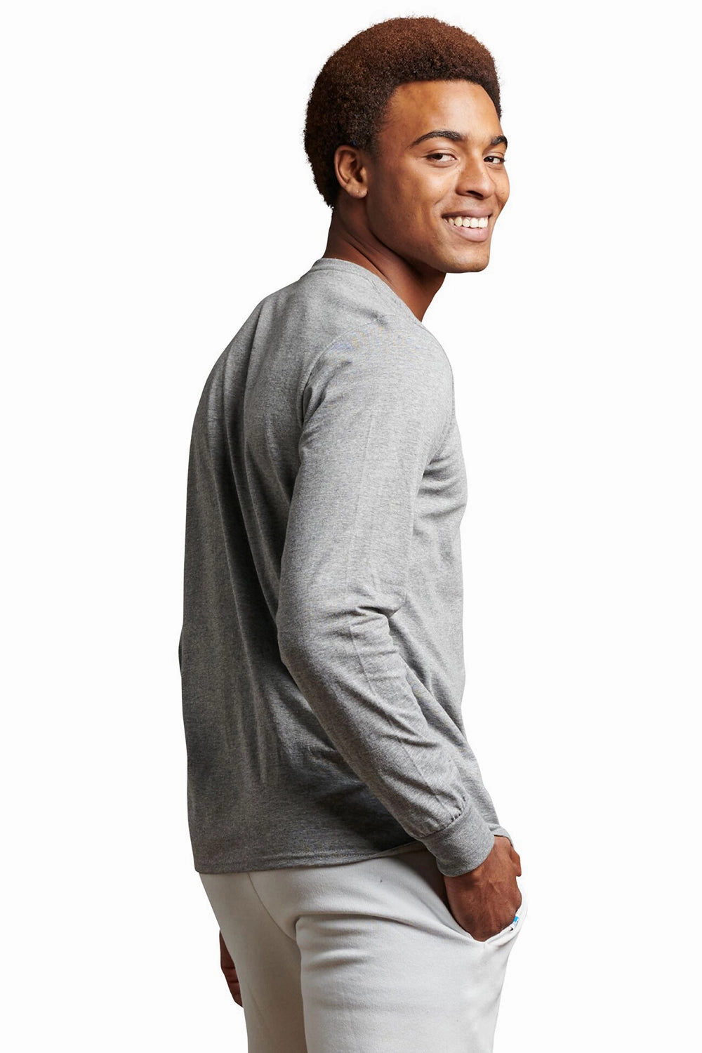 Russell Athletic Mens Dri-Power Moisture Wicking Performance Long Sleeve Crewneck T-Shirt - Oxford Grey