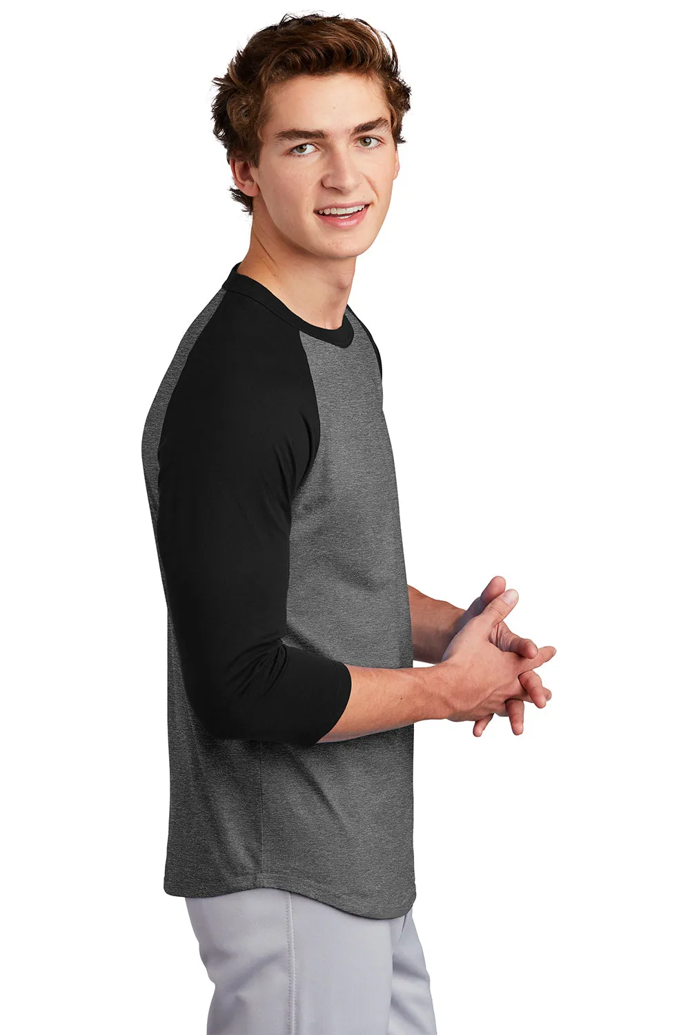 Sport-Tek Mens 3/4 Sleeve Crewneck T-Shirt - Heather Dark Grey/Black