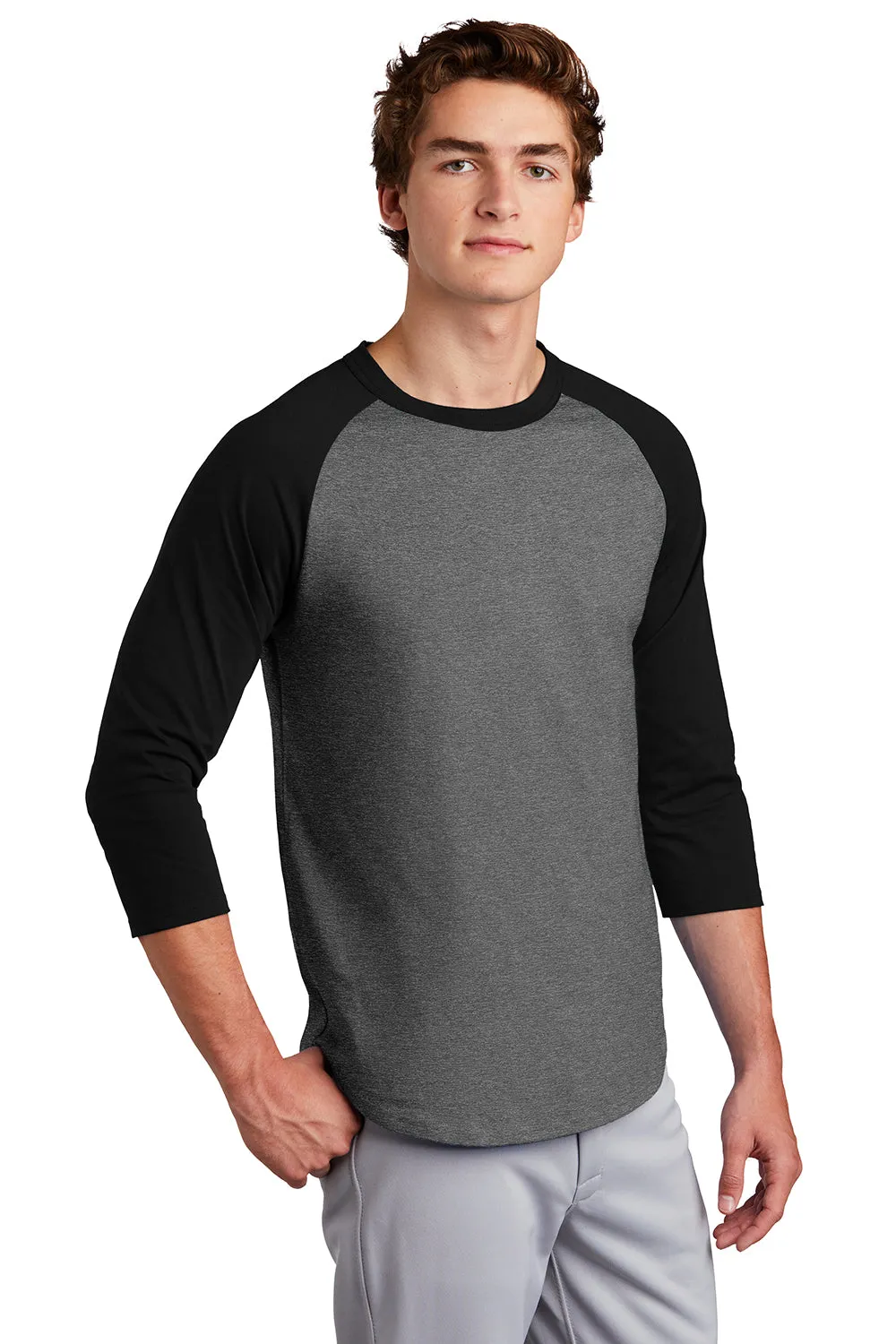 Sport-Tek Mens 3/4 Sleeve Crewneck T-Shirt - Heather Dark Grey/Black