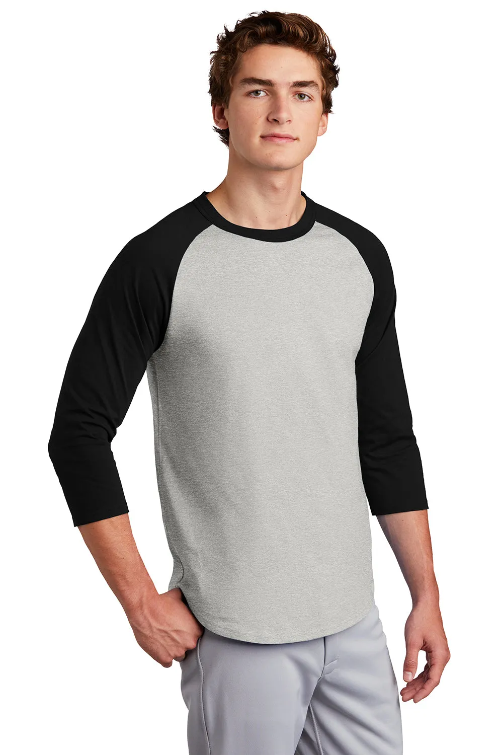 Sport-Tek Mens 3/4 Sleeve Crewneck T-Shirt - Heather Grey/Black