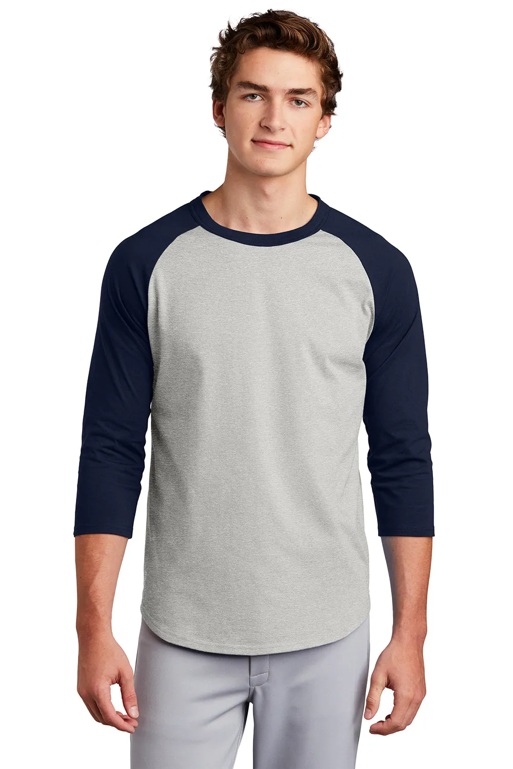 Sport-Tek Mens 3/4 Sleeve Crewneck T-Shirt - Heather Grey/Navy Blue