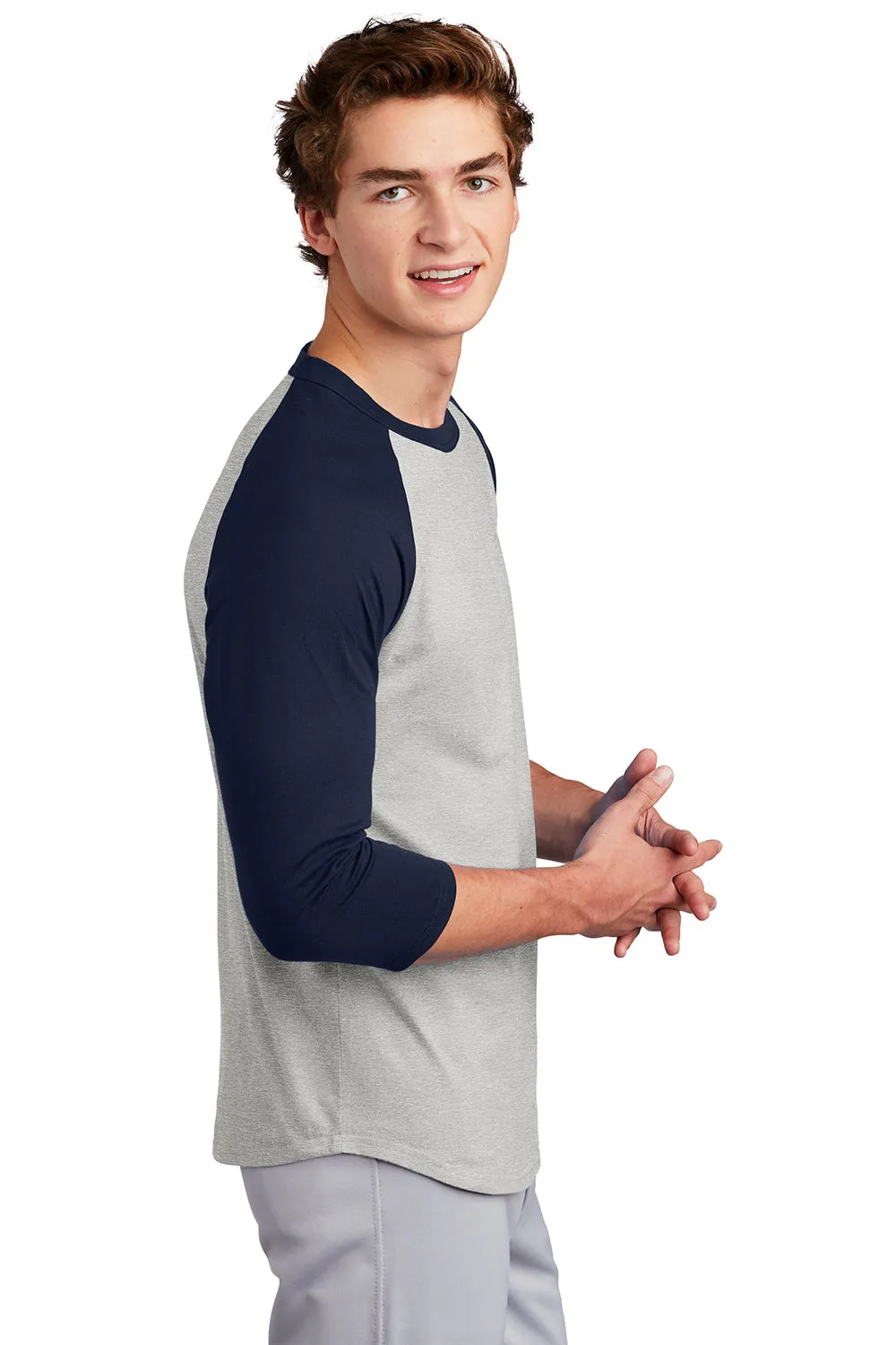 Sport-Tek Mens 3/4 Sleeve Crewneck T-Shirt - Heather Grey/Navy Blue