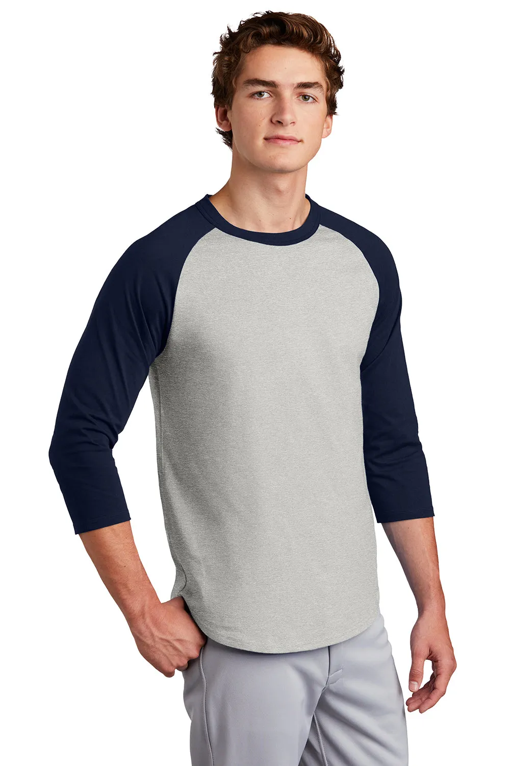 Sport-Tek Mens 3/4 Sleeve Crewneck T-Shirt - Heather Grey/Navy Blue