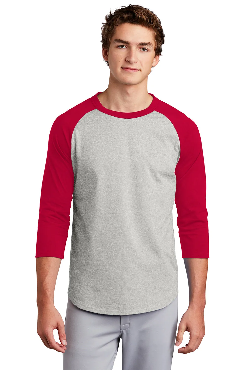 Sport-Tek Mens 3/4 Sleeve Crewneck T-Shirt - Heather Grey/Red